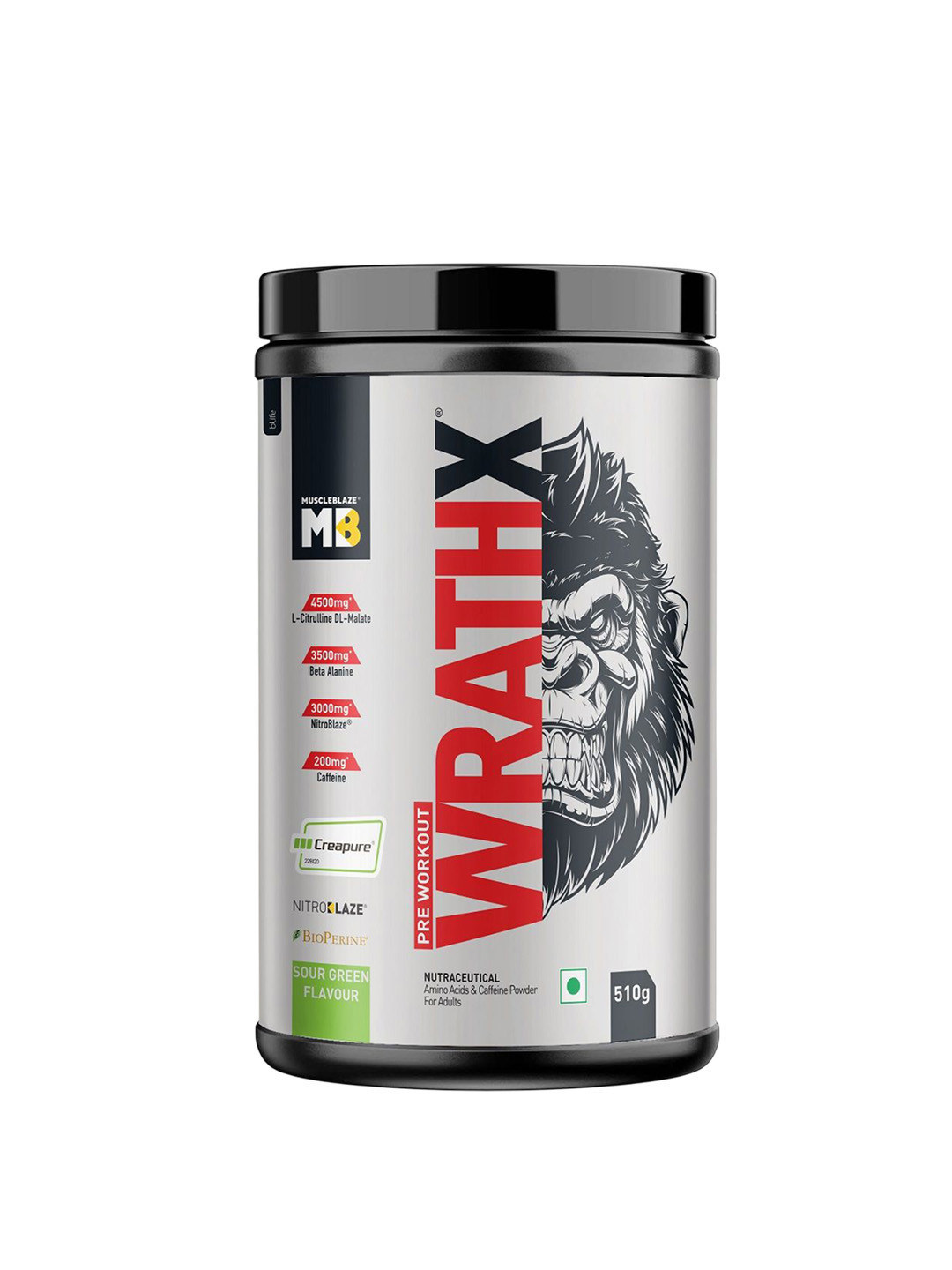 MuscleBlaze Pre Workout WrathX With Creapure & Nitroblaze - 510 g - Sour Green Flavor