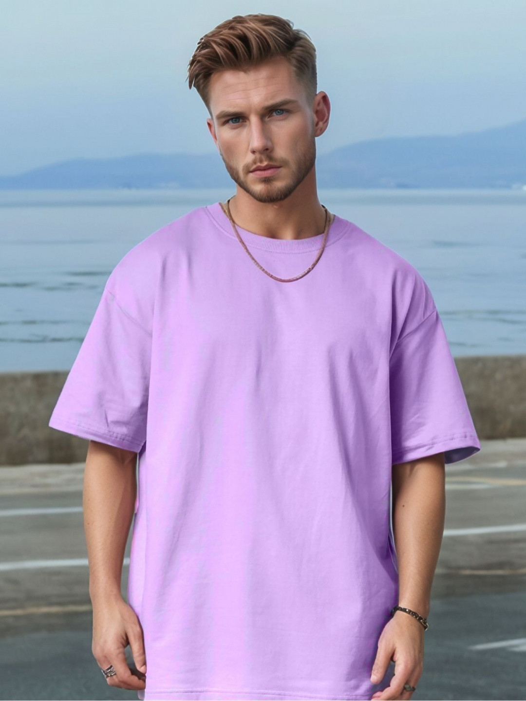 HEAST Men Oversized Lavender T-shirt with Drop-Shoulder Sleeves