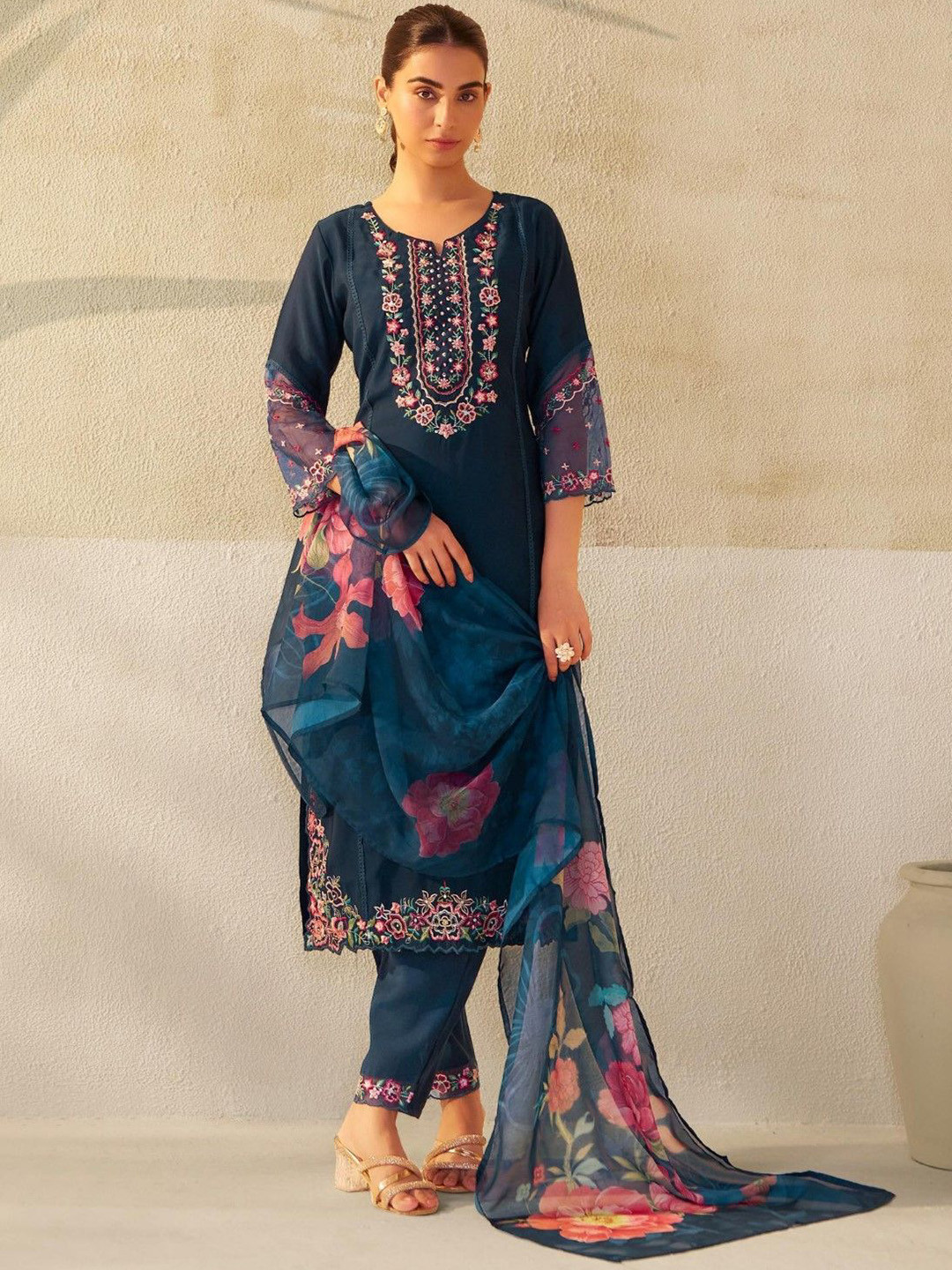 AUTUMN LANE Women Ethnic Motifs Embroidered Lawn Kurta with Trousers & With Dupatta
