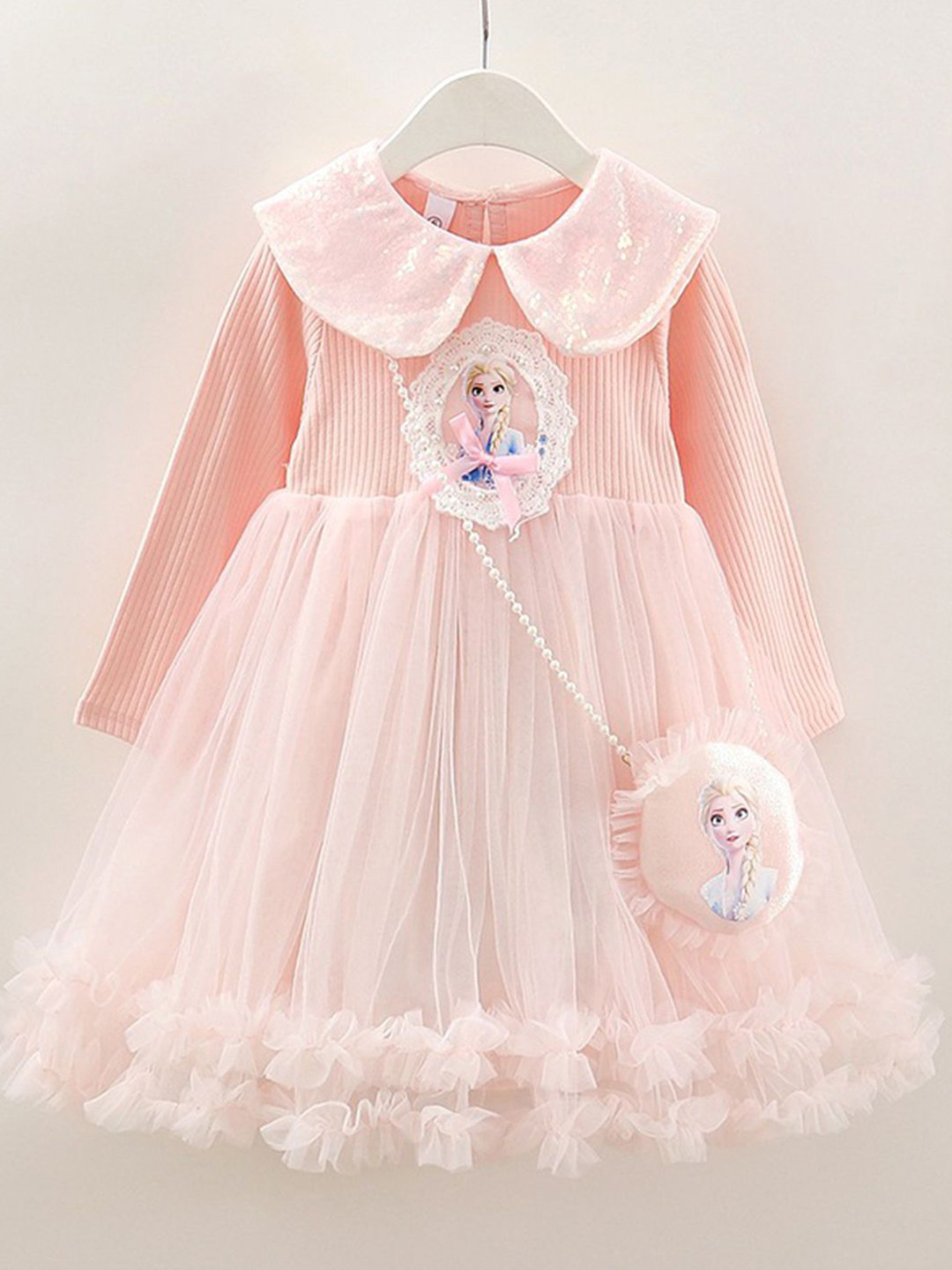 YK Kids-Girls Self Design Peter Pan Collar Barbie Character Fit & Flare Knee Length Dress