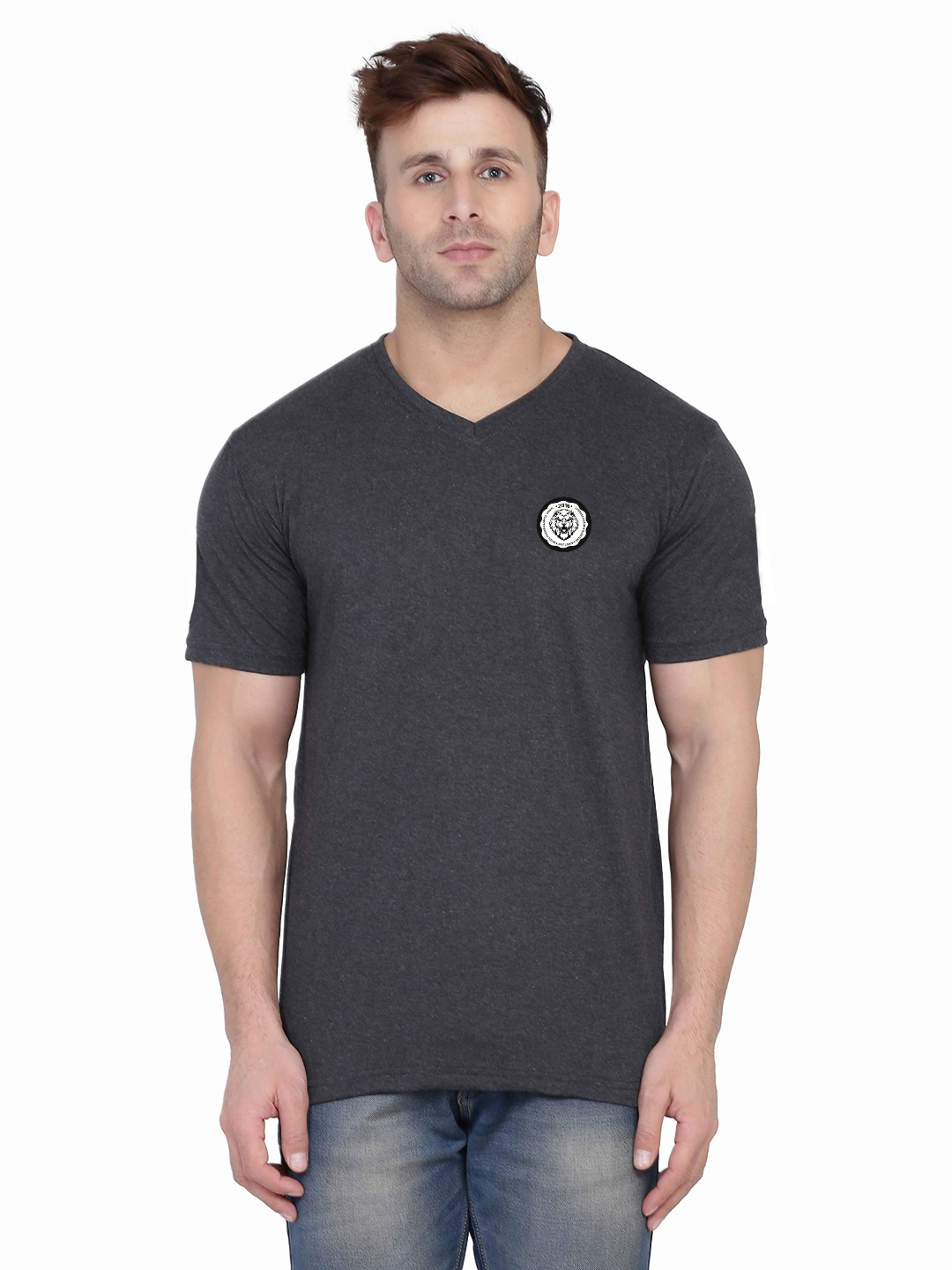 Blisstone Men Grey Self Design V-Neck Slim Fit T-shirt