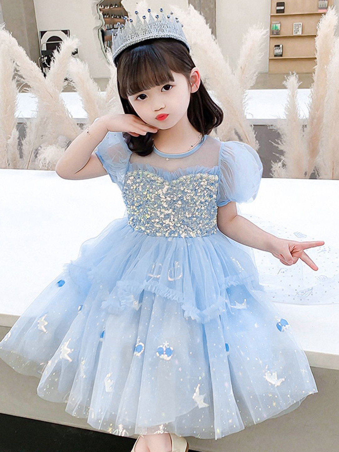 YK Girls Self Design Sequined Fit & Flare Dress