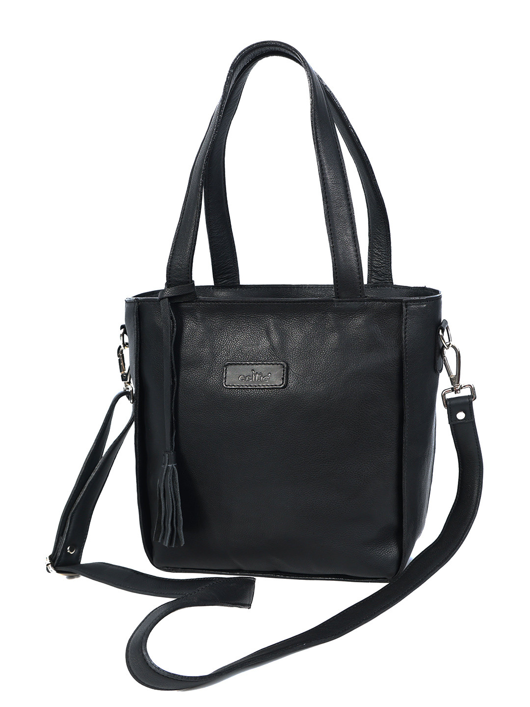 Celtic Structured Black Leather Satchel Bag with Detachable Sling Strap