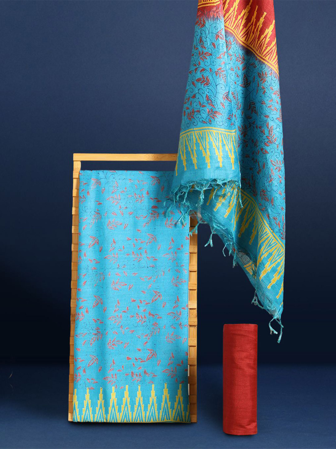 Taavi Floral Hand Block Print Pure Silk Unstitched Dress Material