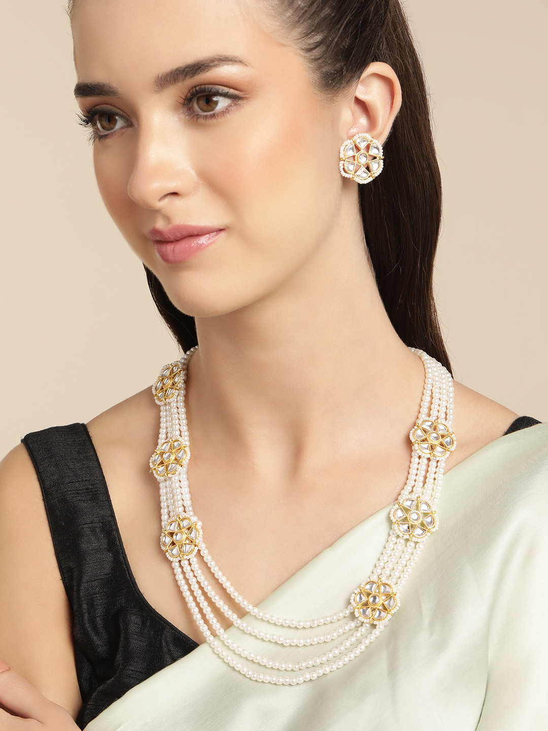 Anouk White Layered Beads Kundan Pearl Necklace Earring Set