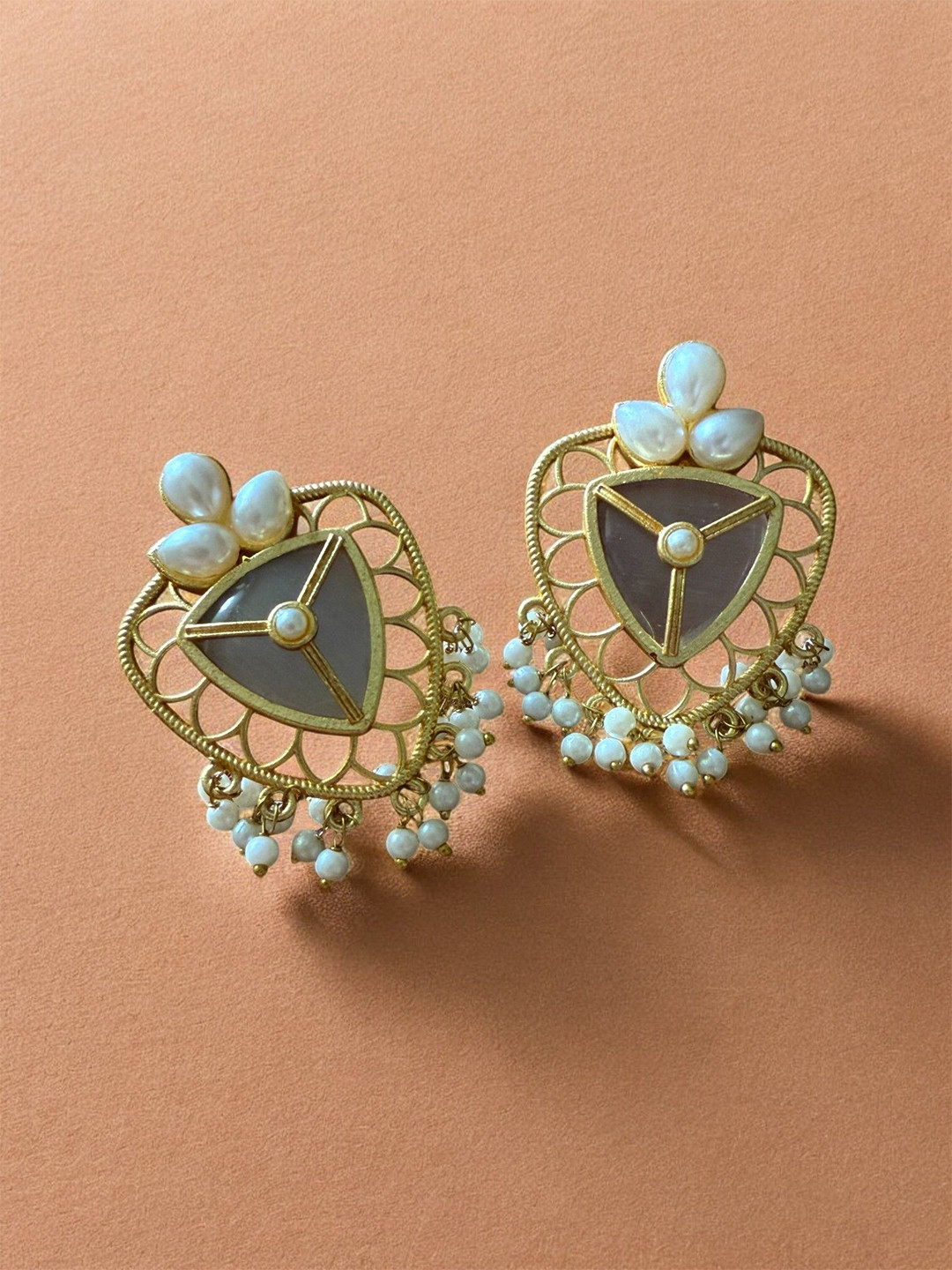 Rebekah Gold Plated Artificial Stones And Beads Triangular Shape Drop Earrings