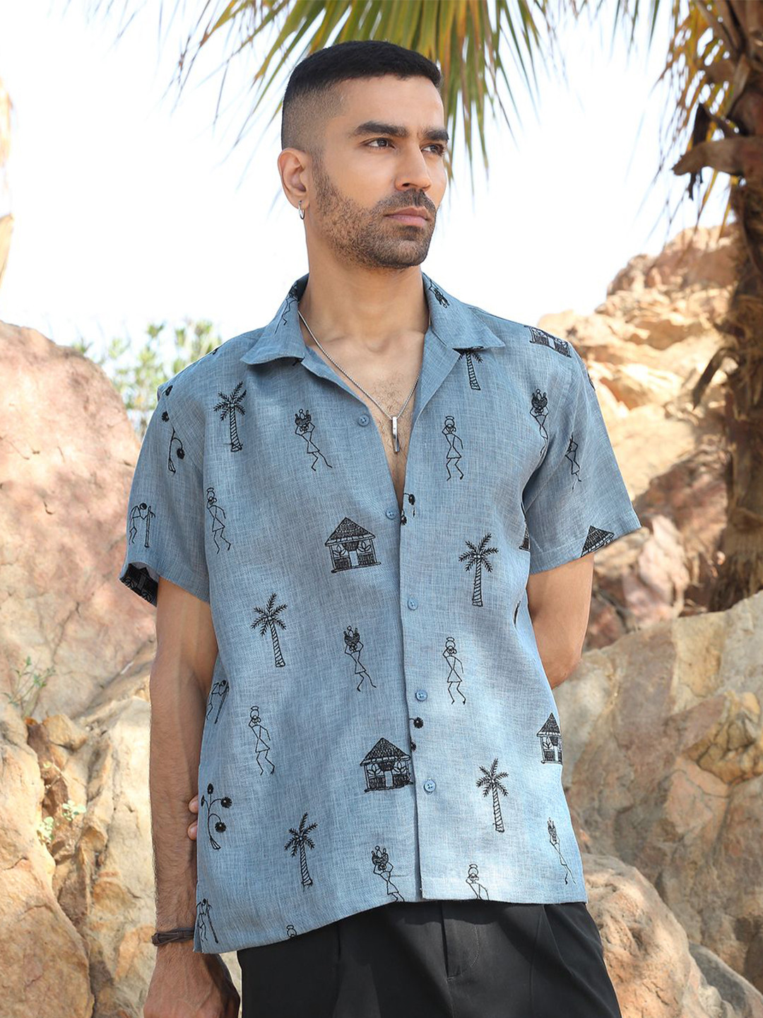 KRAFT INDIA Standard Tribal Embroidered Cuban Collar Cotton Linen Shirt