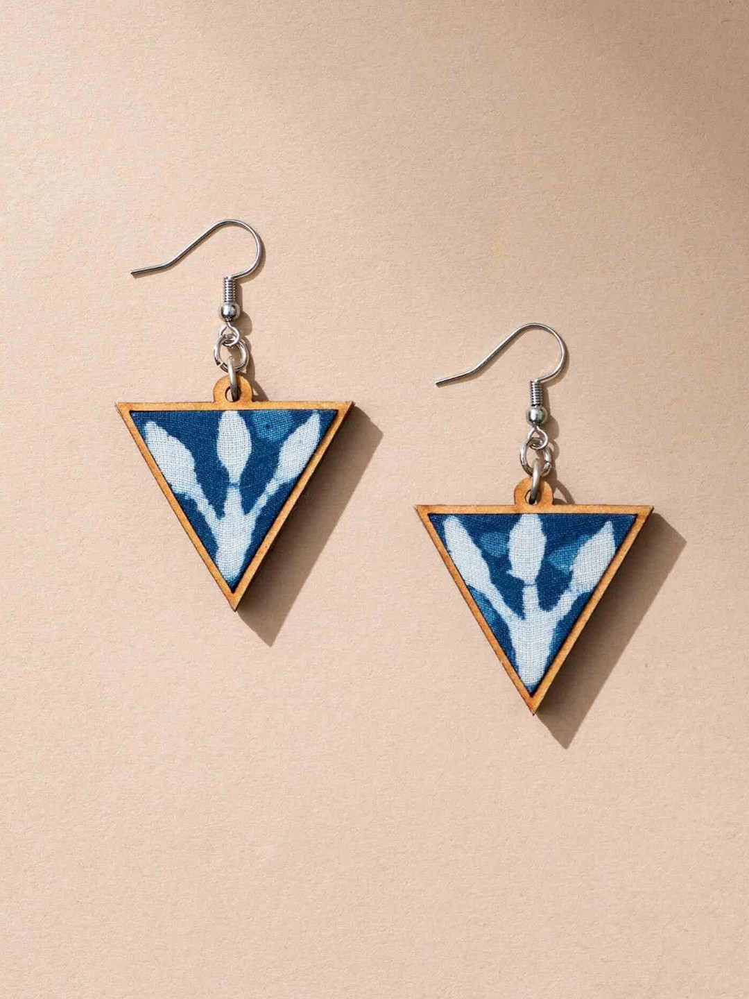 WHE Upcycled Fabric And Repurposed Wood Triangular Drop Earrings