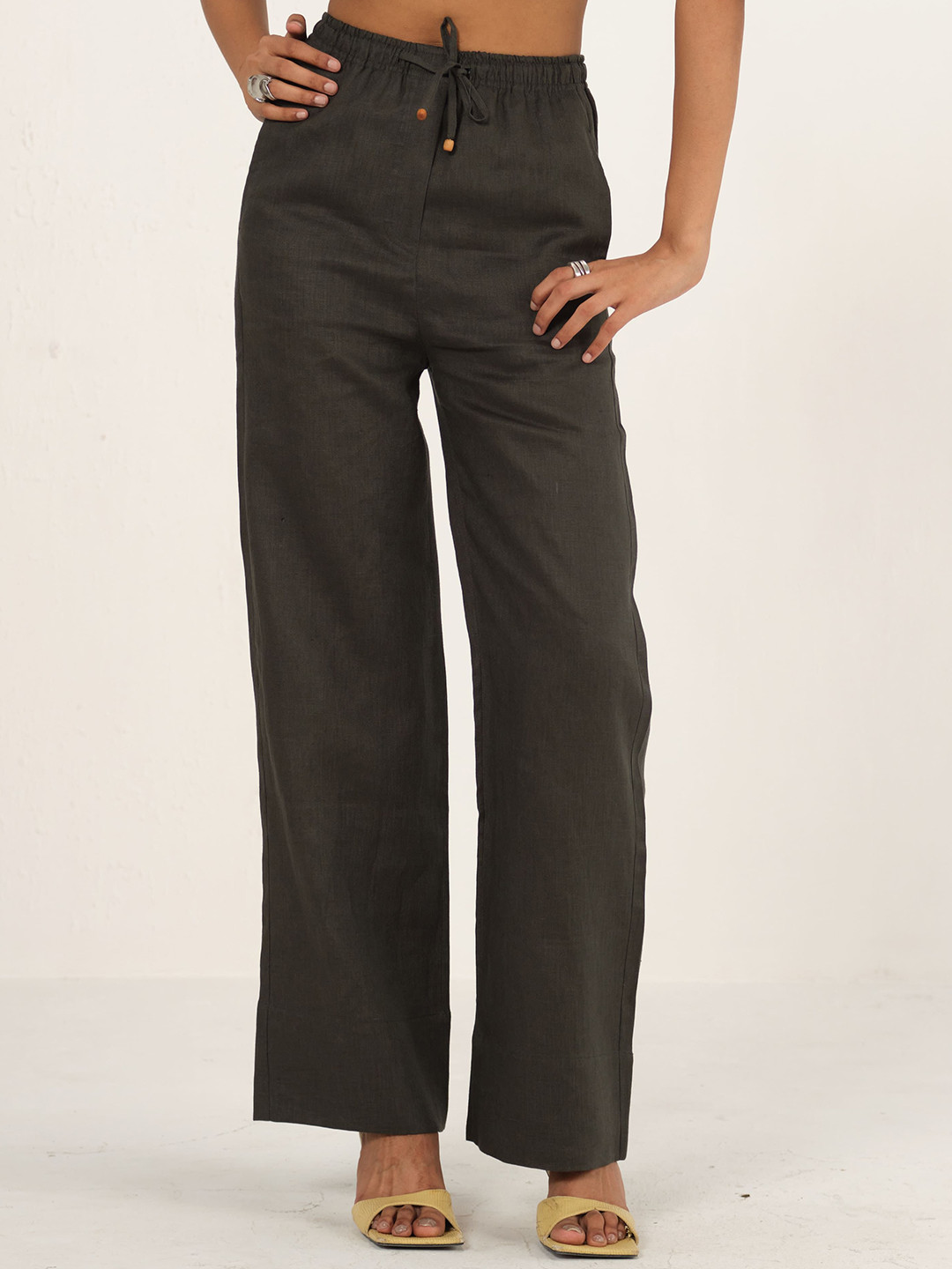 Shop Staple Women Dark Green Linen Drawstring Straight Pants