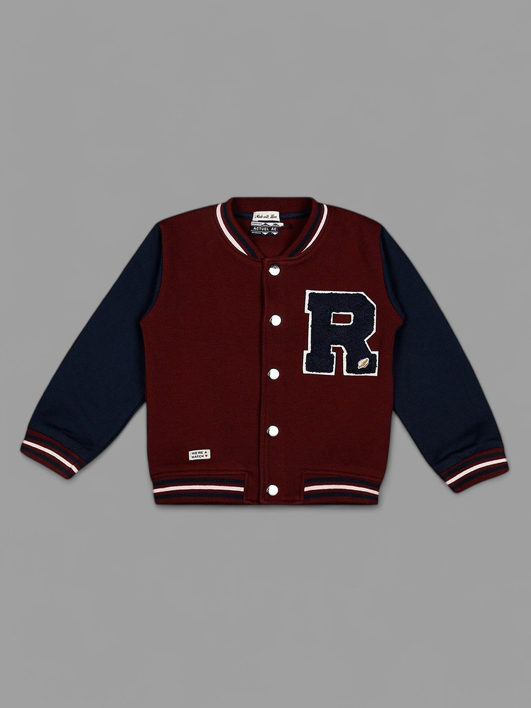 Actuel Boys Stand Collar Long Sleeves Patchwork Varsity Jacket