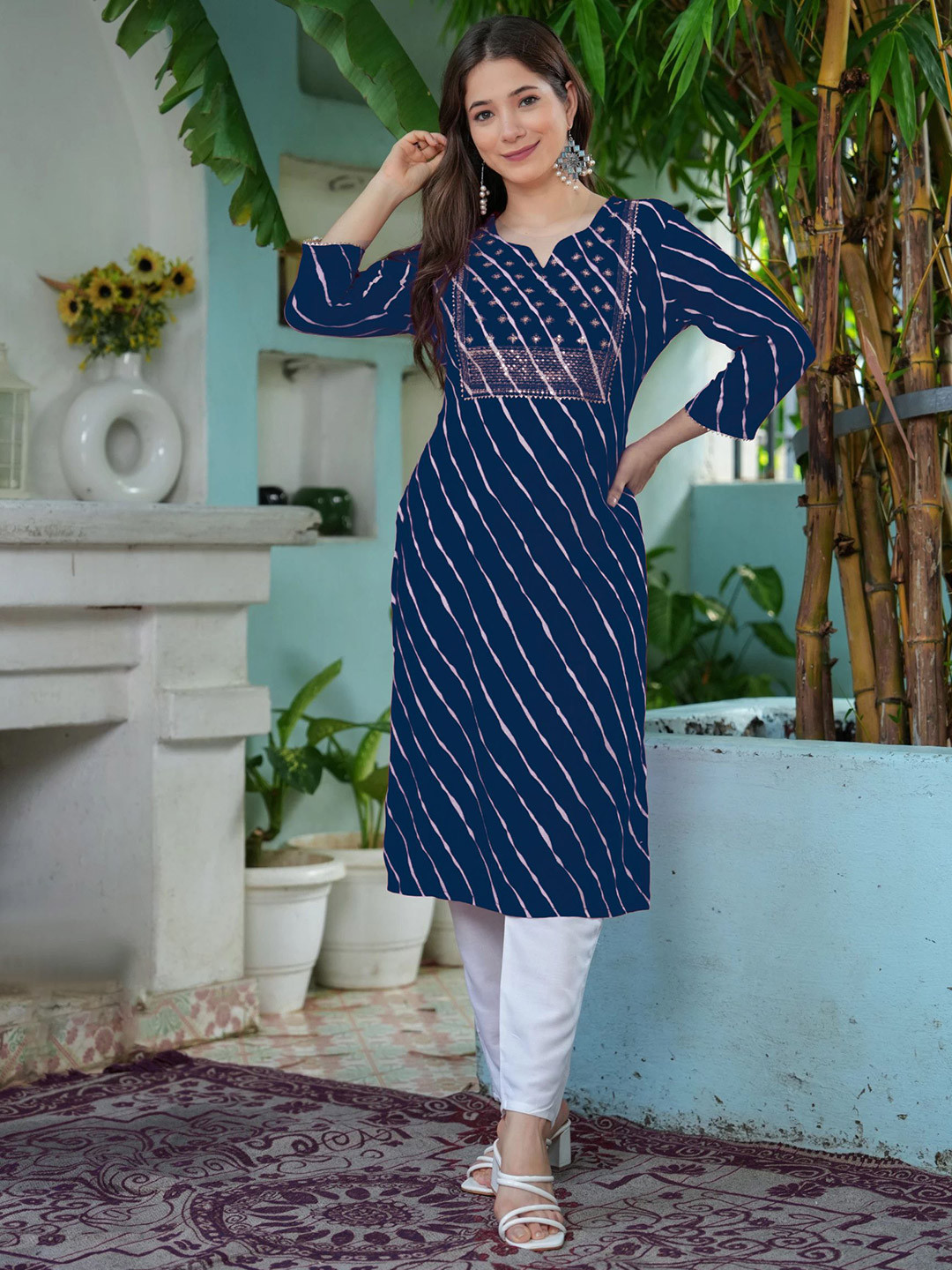 KPF Leheriya Printed Notch Neck Gotta Patti Straight Kurta