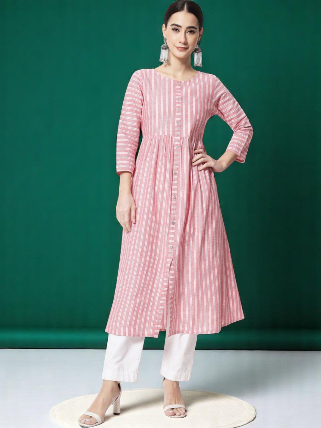 HERE&NOW Striped Empire Round Neck Pure Cotton Anarkali Kurta
