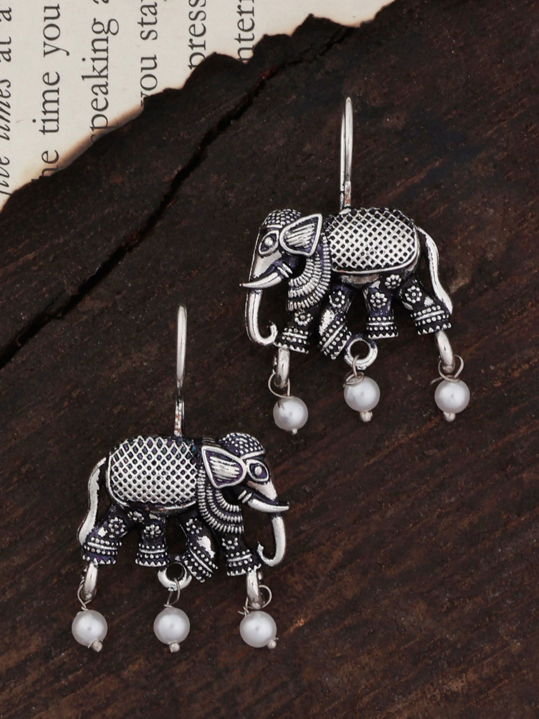 SHONA'S STYLE Rhodium-Plated Pearls Beaded Elephant Shaped Oxidised Drop Earrings