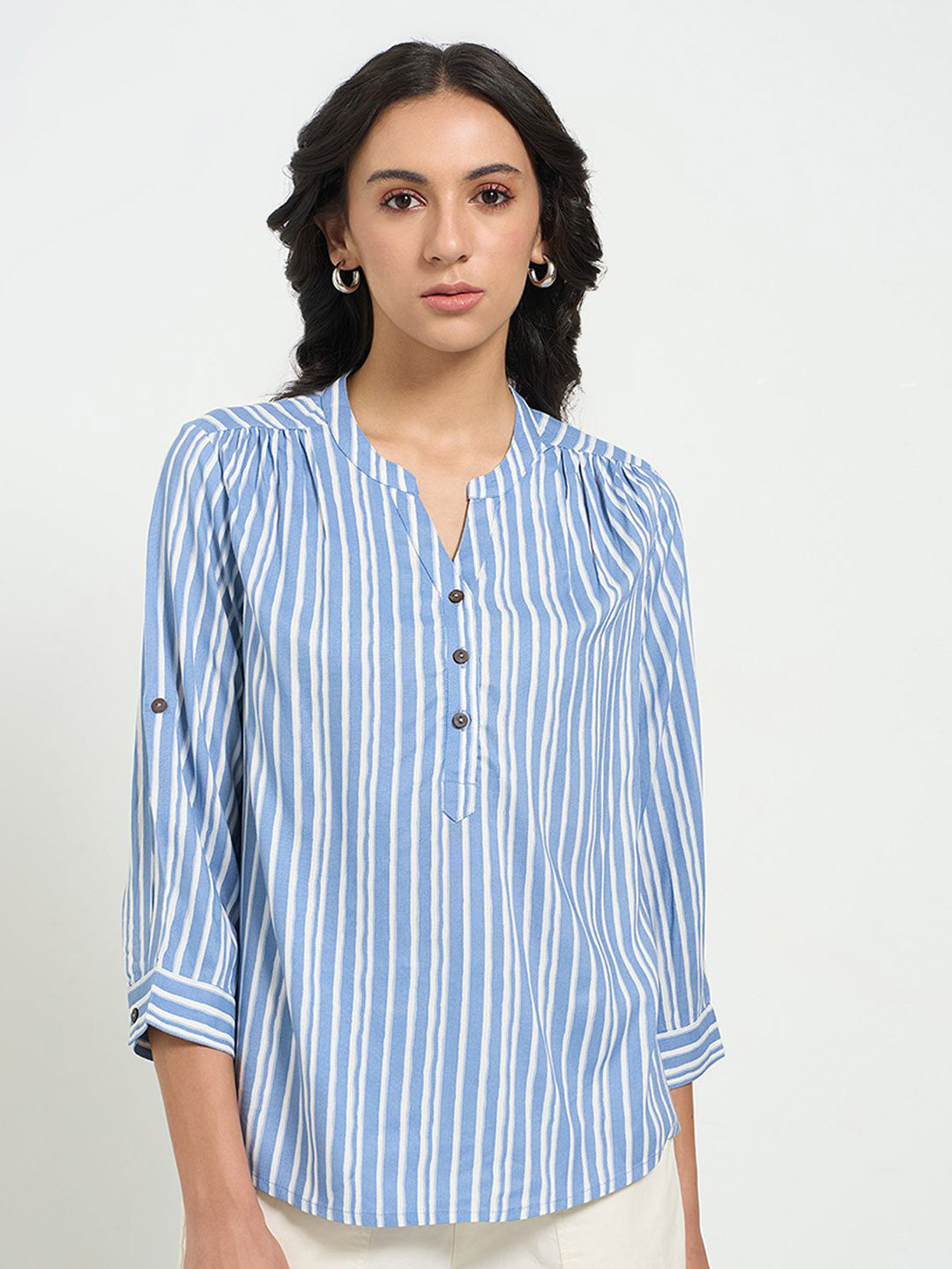 Honey by Pantaloons Striped Mandarin Collar Roll-Up Sleeves Shirt Style Top
