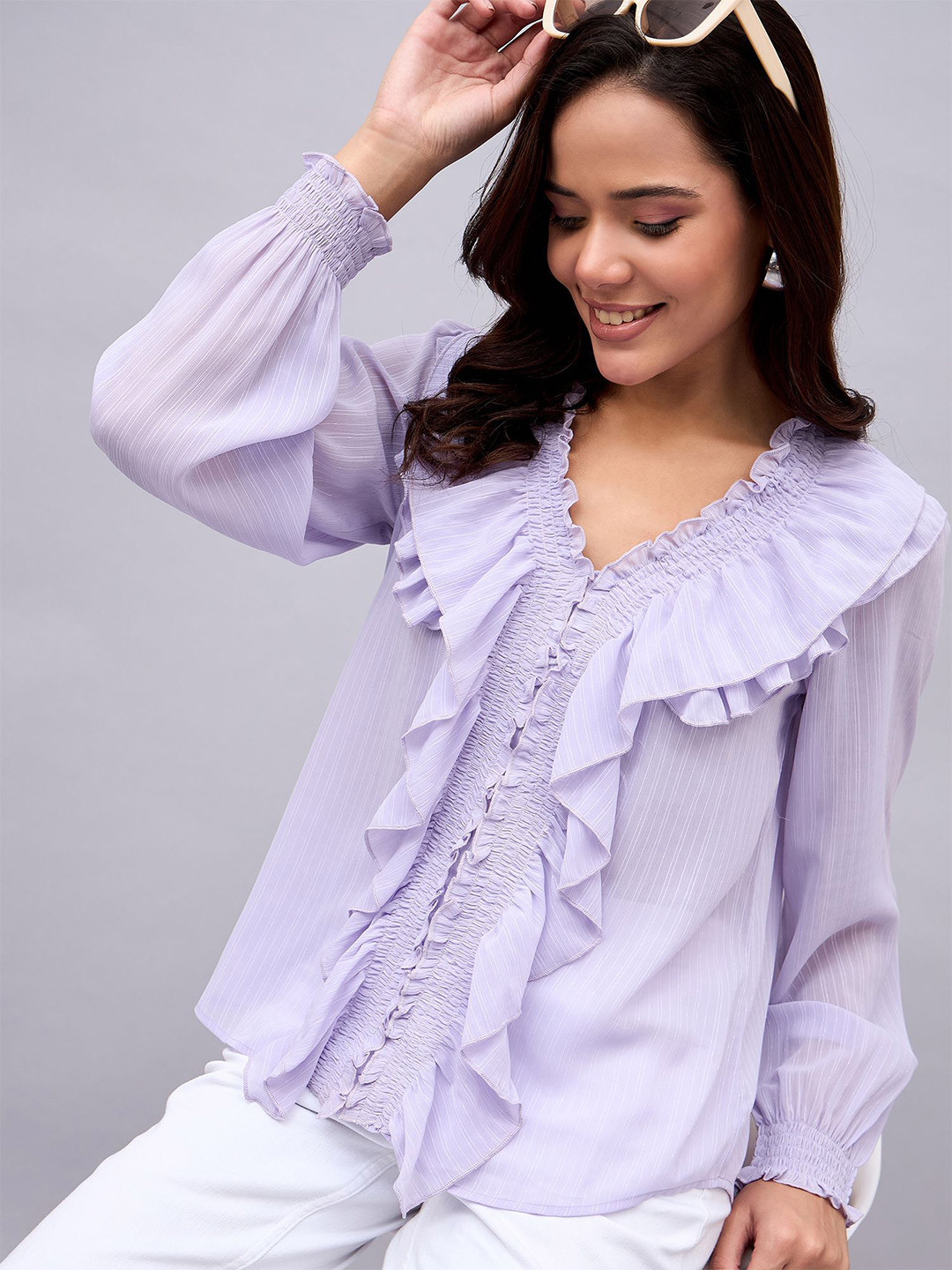 STYLE BLUSH Women Sleeves Self Design Ruffles Regular Top