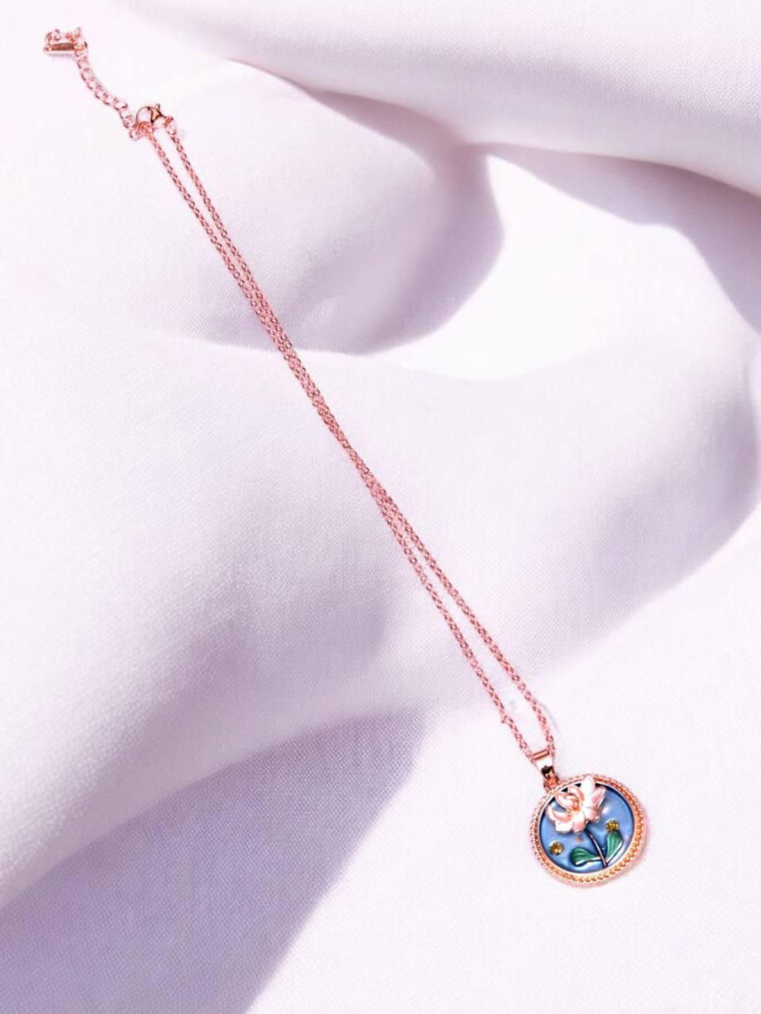 ADC SHEMONA Gold-Plated Artificial Stones Studded Circular Lotus Pendant with Chain