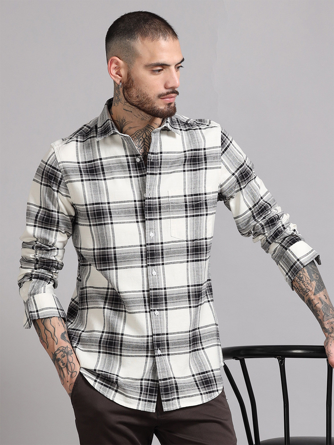 MARTIN SMITH Checked Spread Collar Comfort Cotton Shirt