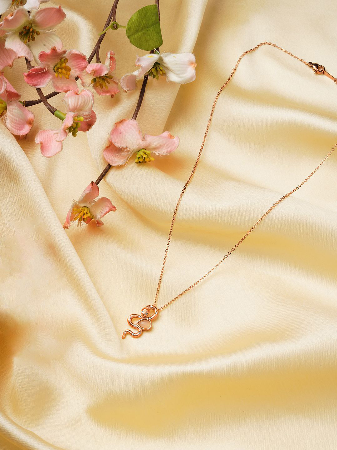 TOS Rose Gold-Plated Stainless Steel Cubic Zircon Snake Pendant With Chain