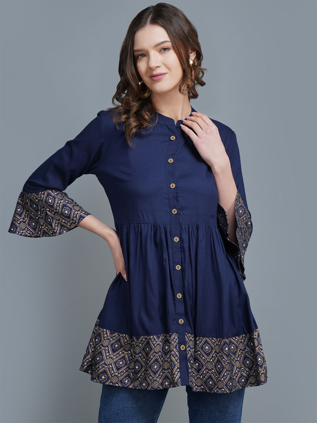 DHABHAI Gathered or Pleated Bell Sleeve A-Line Longline Top