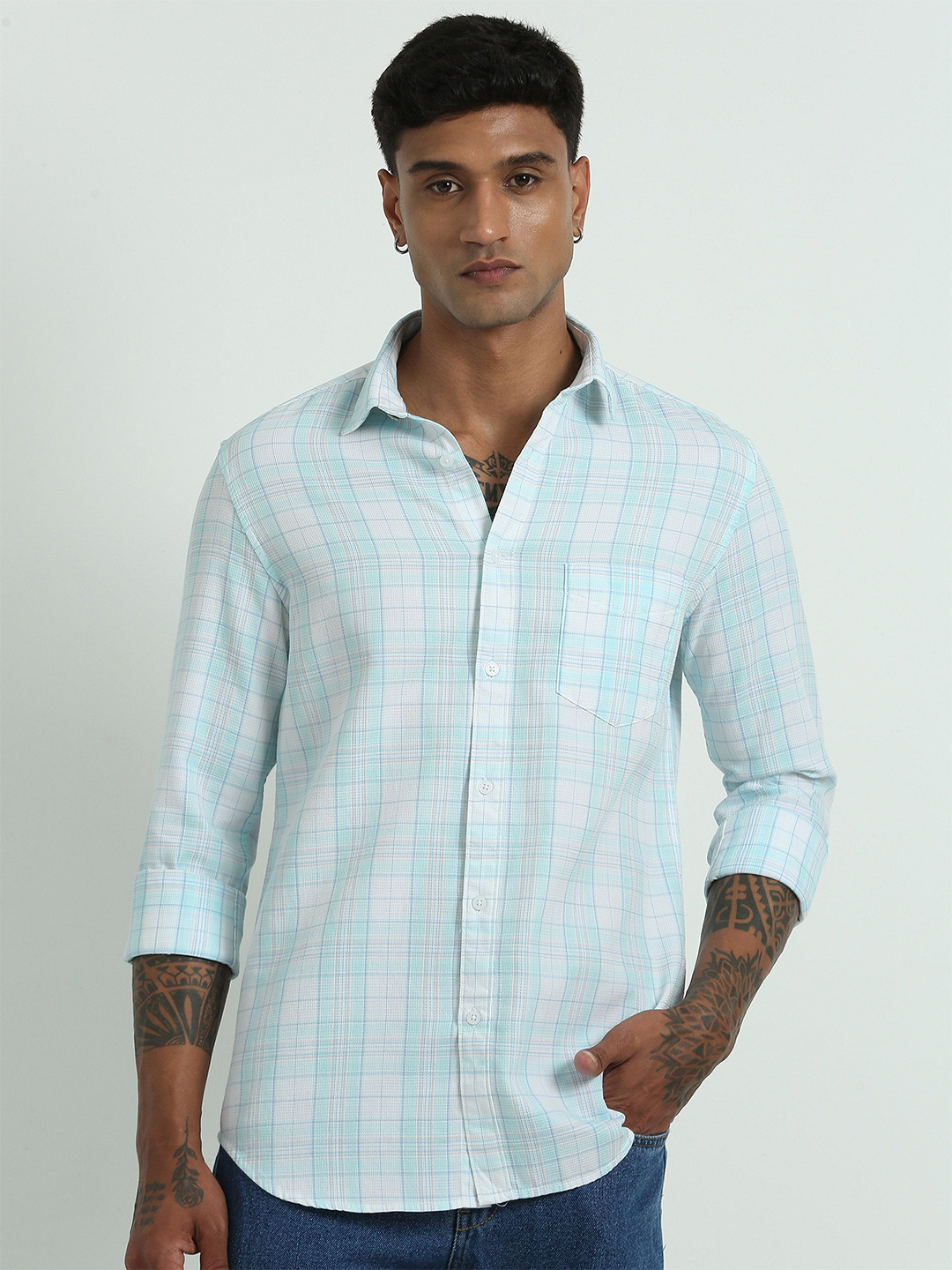 MARTIN SMITH Men Comfort Tartan Checked Spread Collar Casual Shirt