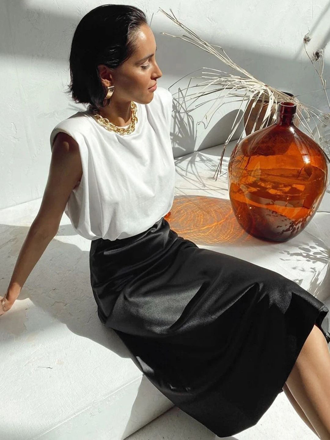 bebe Black High Waist Slip Midi Skirt