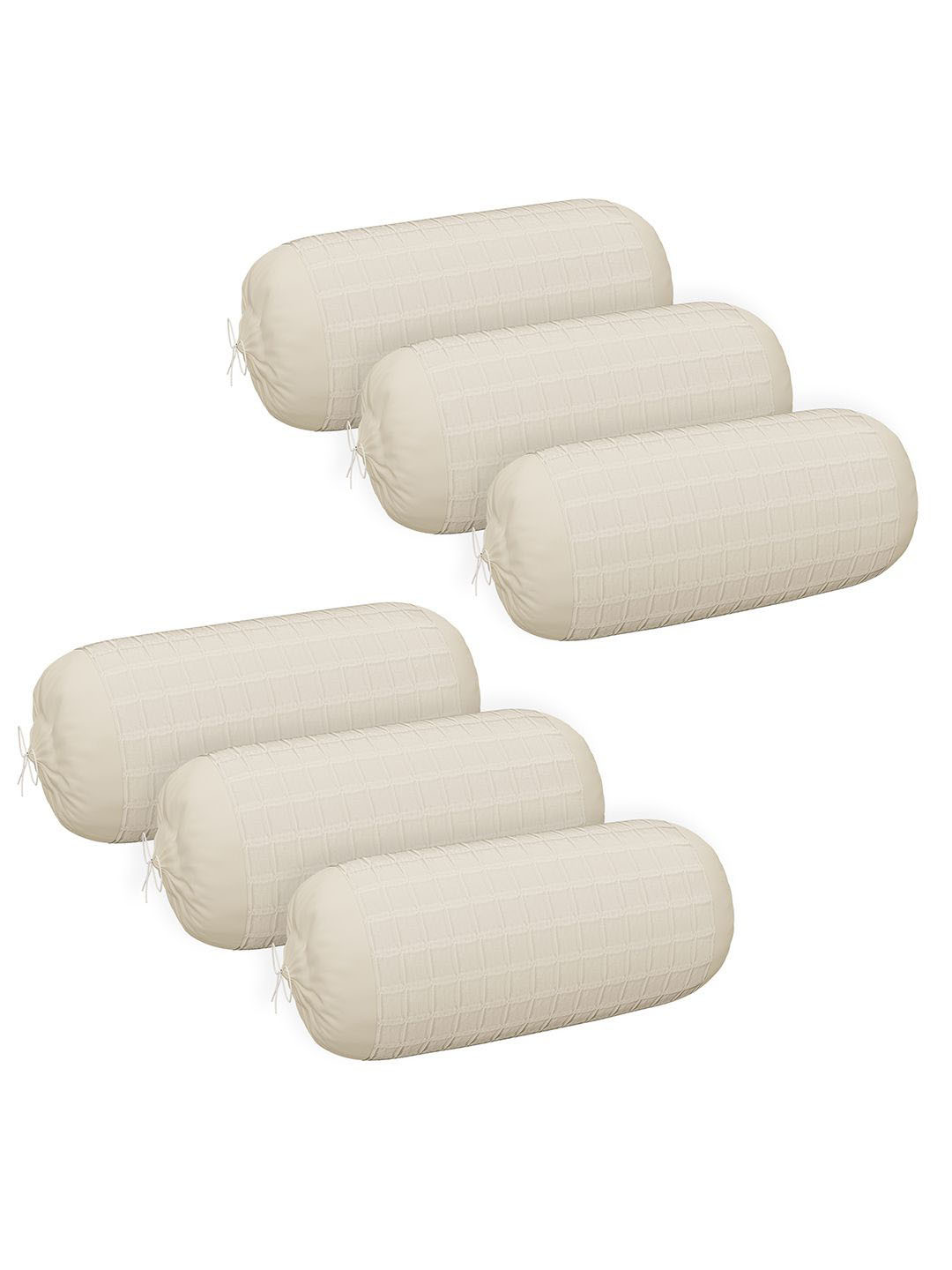 Kuber Industries Set Of 6 Cream-Colored With Drawstring Check Quilted Long Bolster Covers
