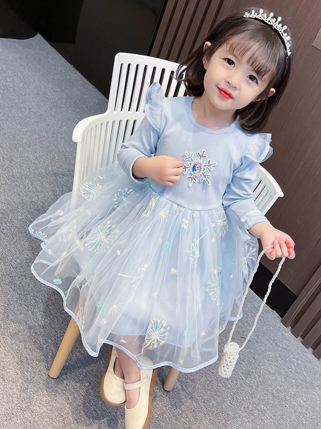YK Girls Frozen Self Design Round Neck Fit & Flare Dress