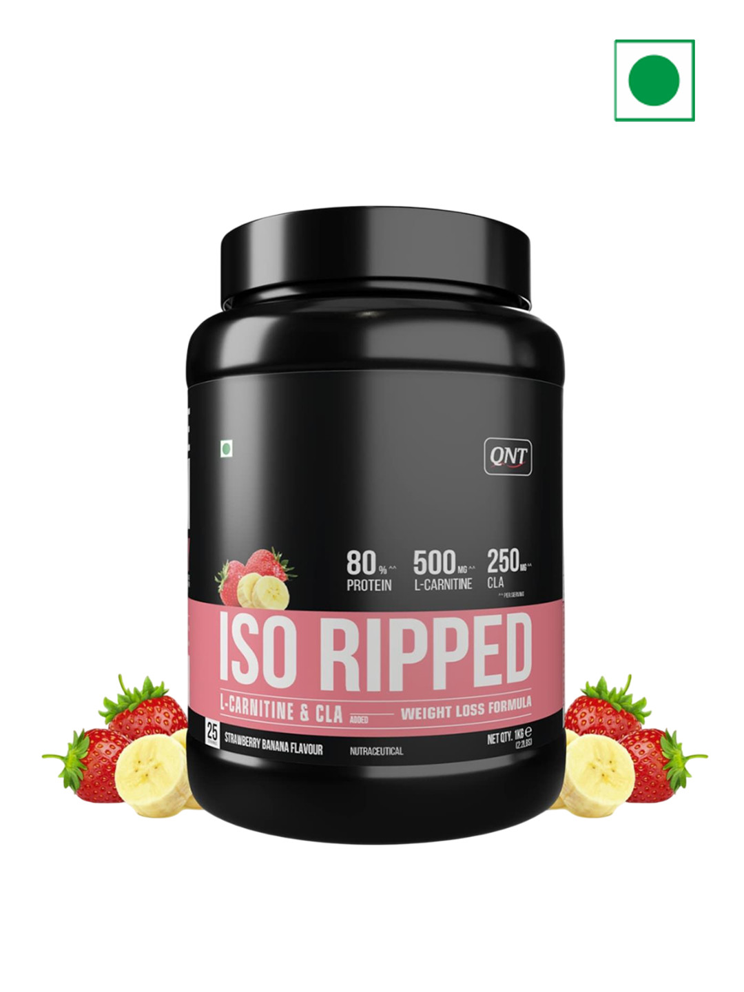 QNT ISO Ripped 100% Whey Isolate Protein For Muscle Growth - 1Kg - Strawberry Banana