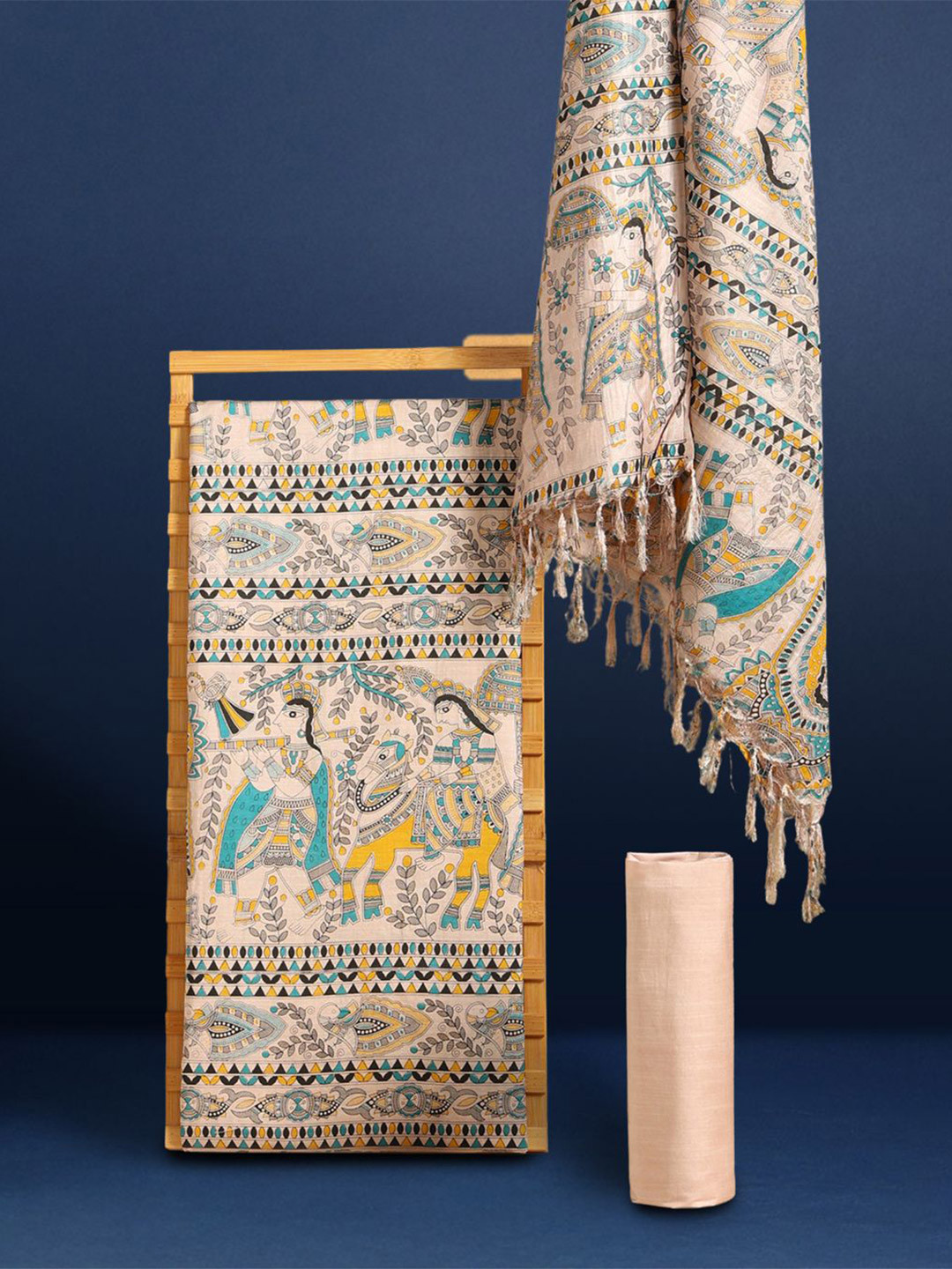 Taavi Madhubani Hand Block Printed Pure Silk Unstitched Dress Material