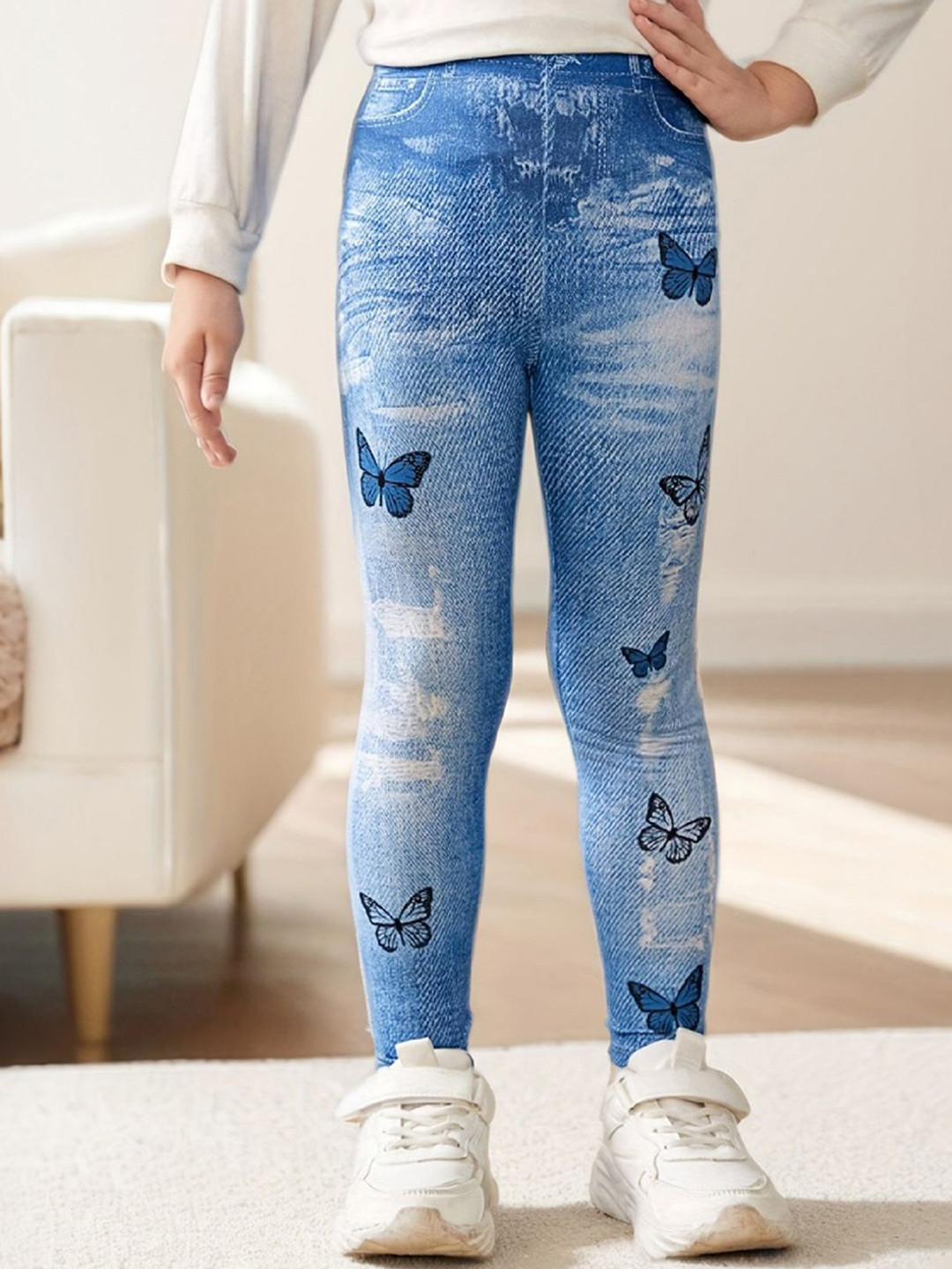 INCLUD Girls Butterfly Printed Denim Look Legging
