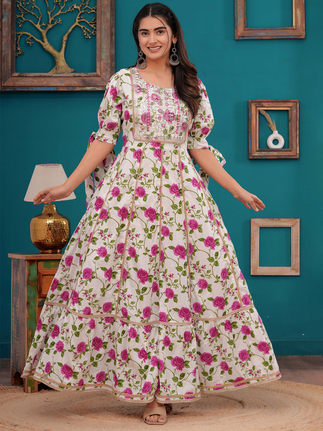 Gf Gul Fashion Women Floral Print Lace A-Line Maxi Dress