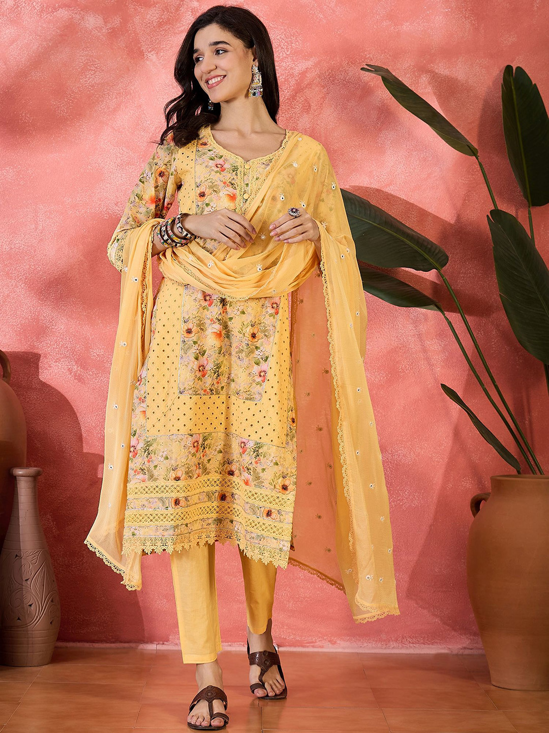Sangria Digital Printed With Schiffli Embroidered Cotton Kurta With Bottom & Dupatta Set