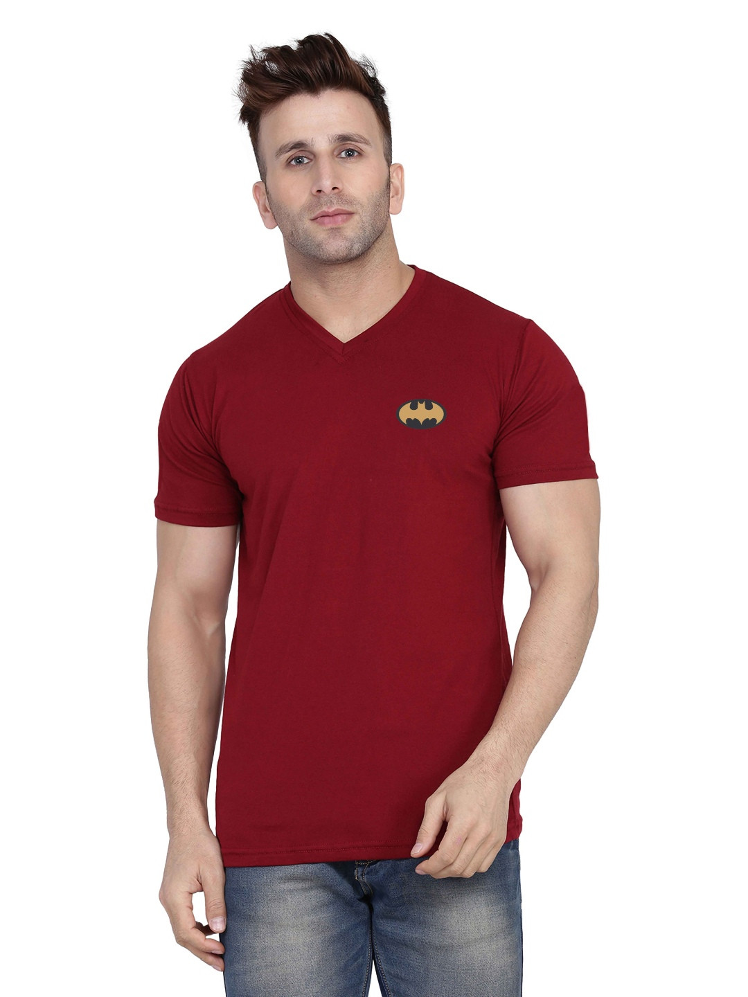 Blisstone Men Maroon Superhero V-Neck Slim Fit T-shirt