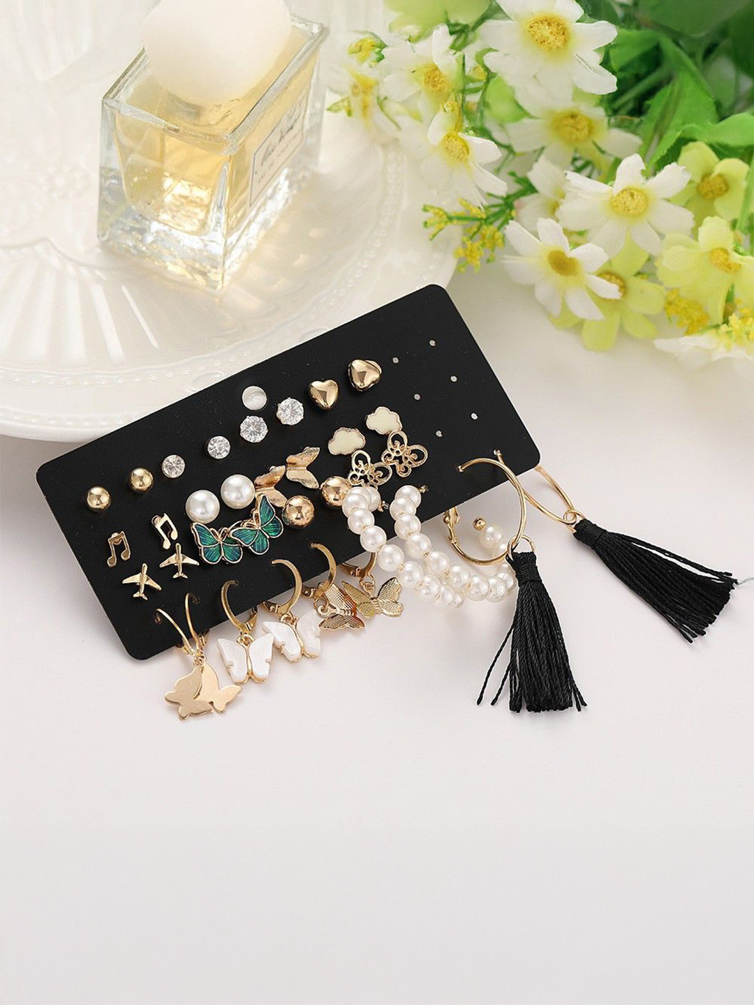 DressBerry Set Of 17 Gold-Plated Pearls Beaded Contemporary Studs