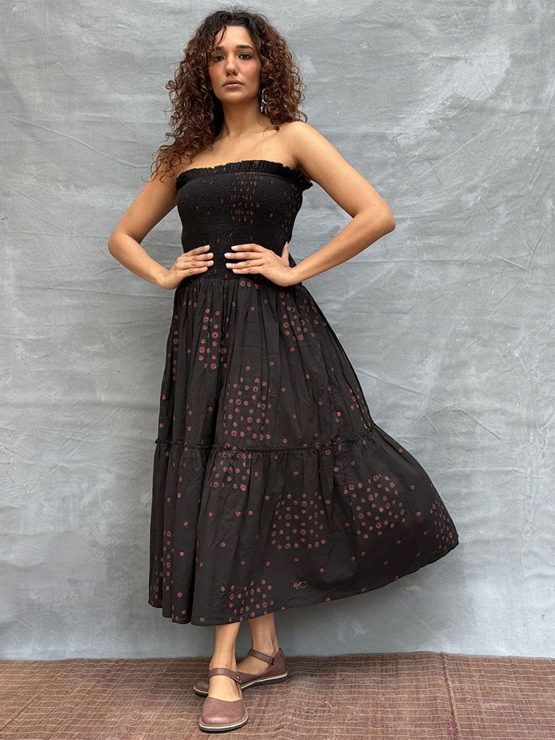 Chidiyaa Soil Crimson Earthrise Block-Printed Cotton Dress