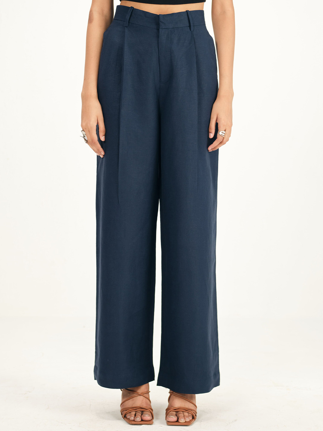 Shop Staple Women Linen Navy Blue Straight Fit Pants