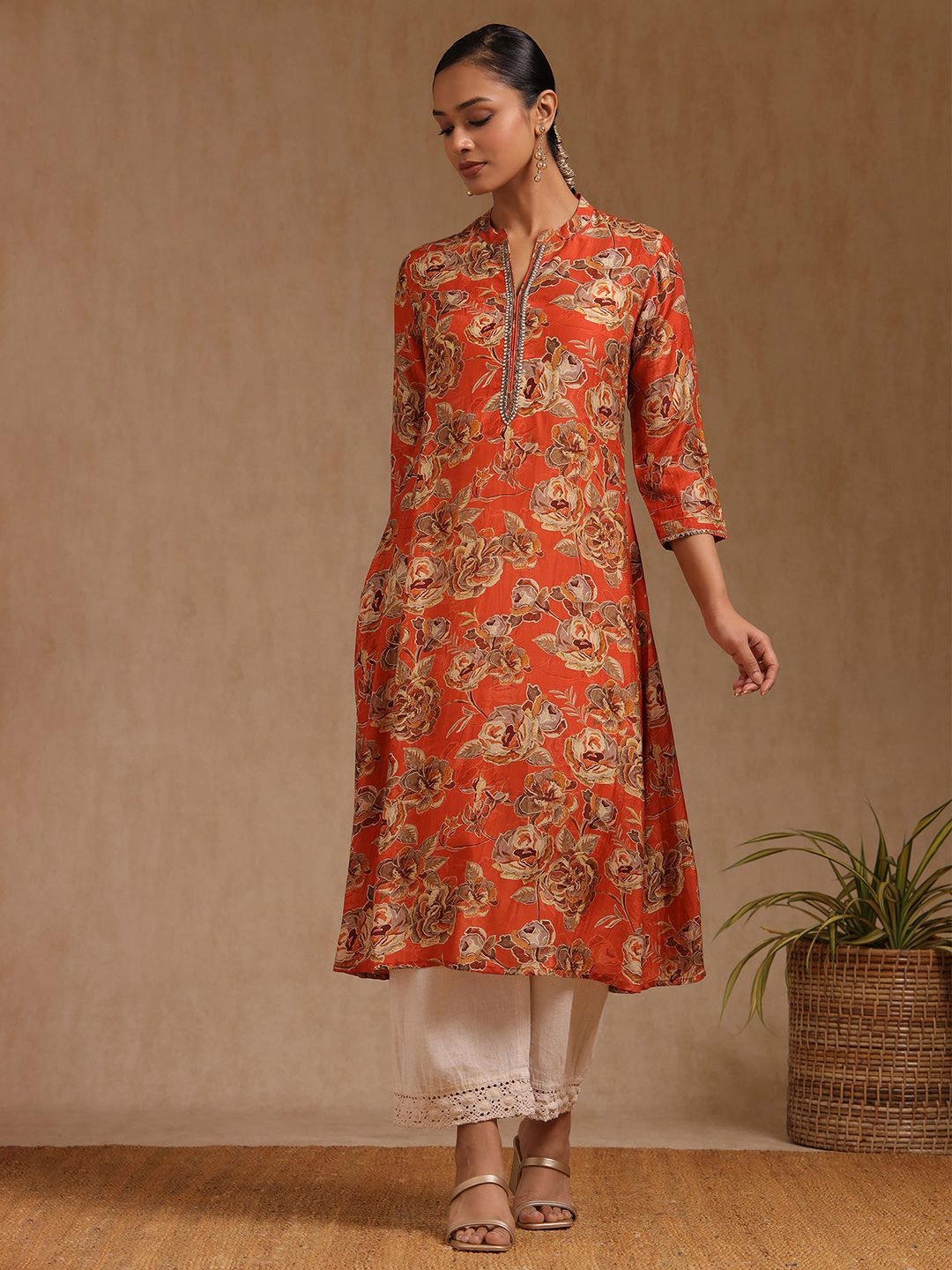 Soch Floral Printed Silk Berry Thread Work Mandarin Collar A-Line Kurta