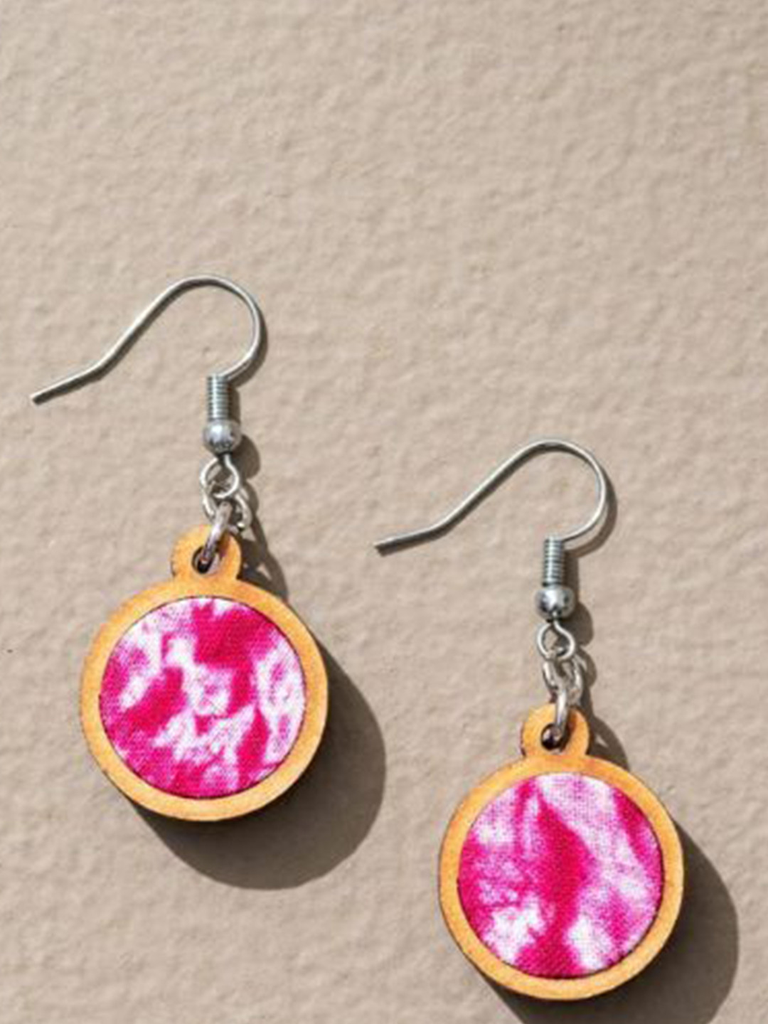WHE Repurposed Wooden And Fabric Circular Drop Earrings