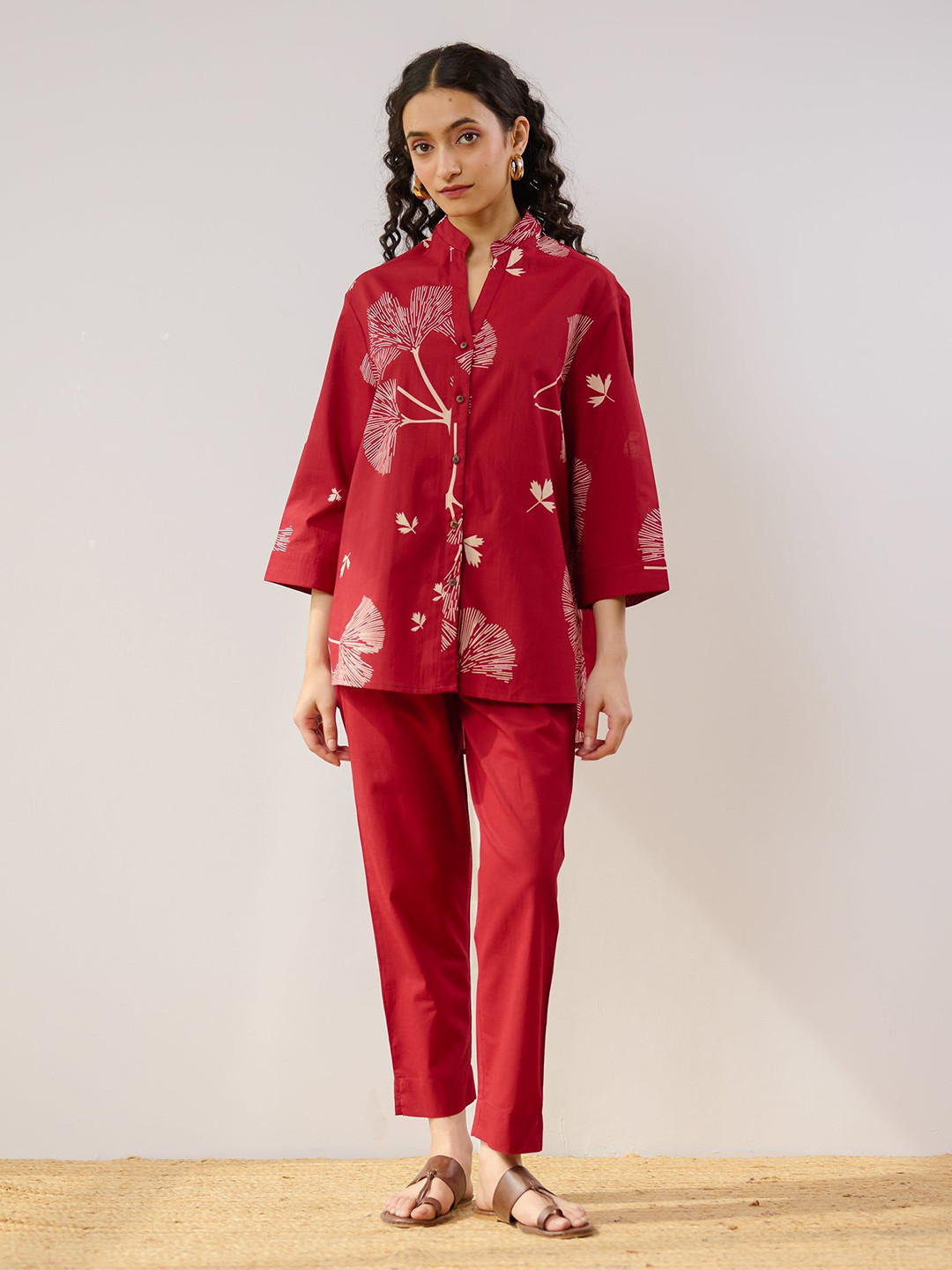 Rustorange Palm Printed Pure Cotton Shirt With Trouser Co-Ords