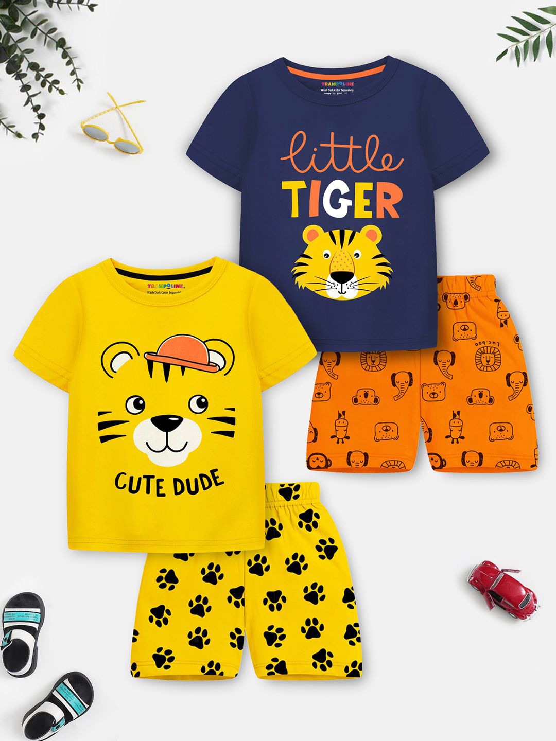 YK X Trampoline Boys Pack Of 2 Animal Graphic Printed T-Shirts With Shorts