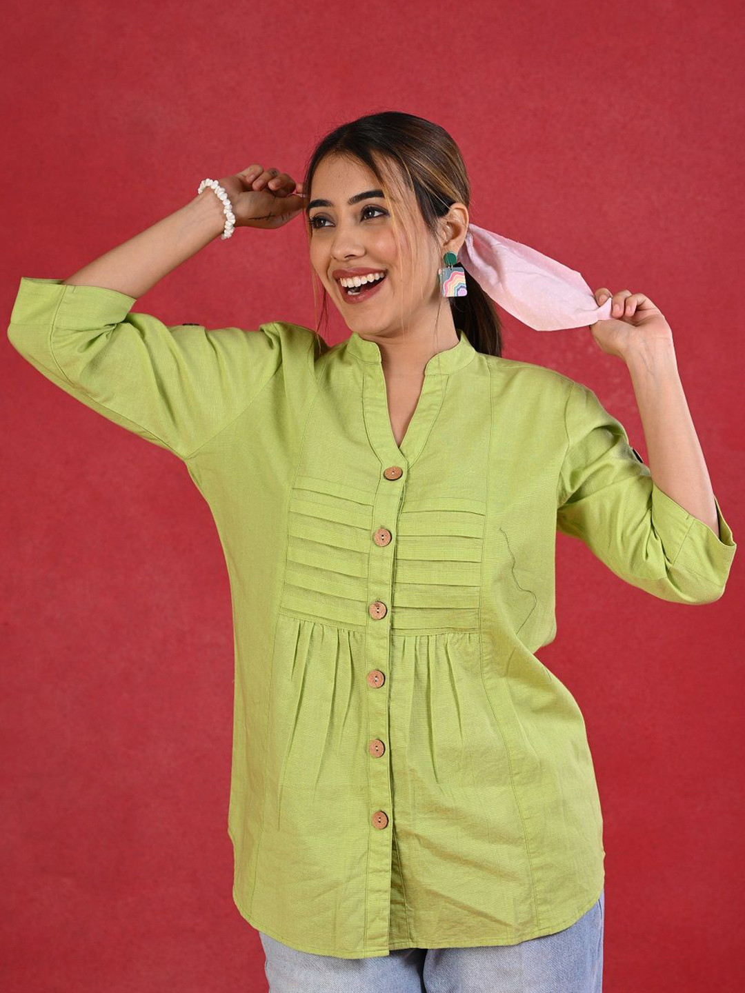 AC&F Mandarin Collar Cuffed Sleeves Shirt Style Top