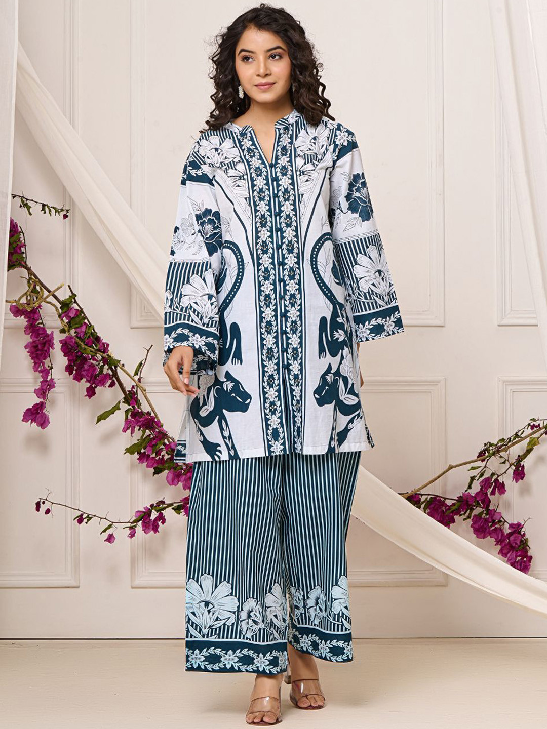 Zolo Label White Printed Cotton Co-ord Set