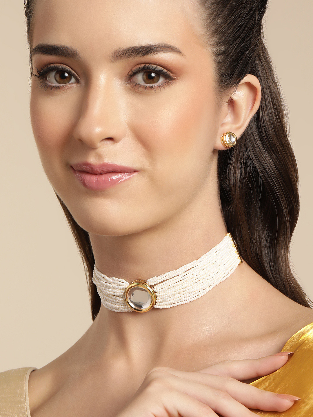 Anouk White Beaded Kundan Pendent Necklace Earring Set