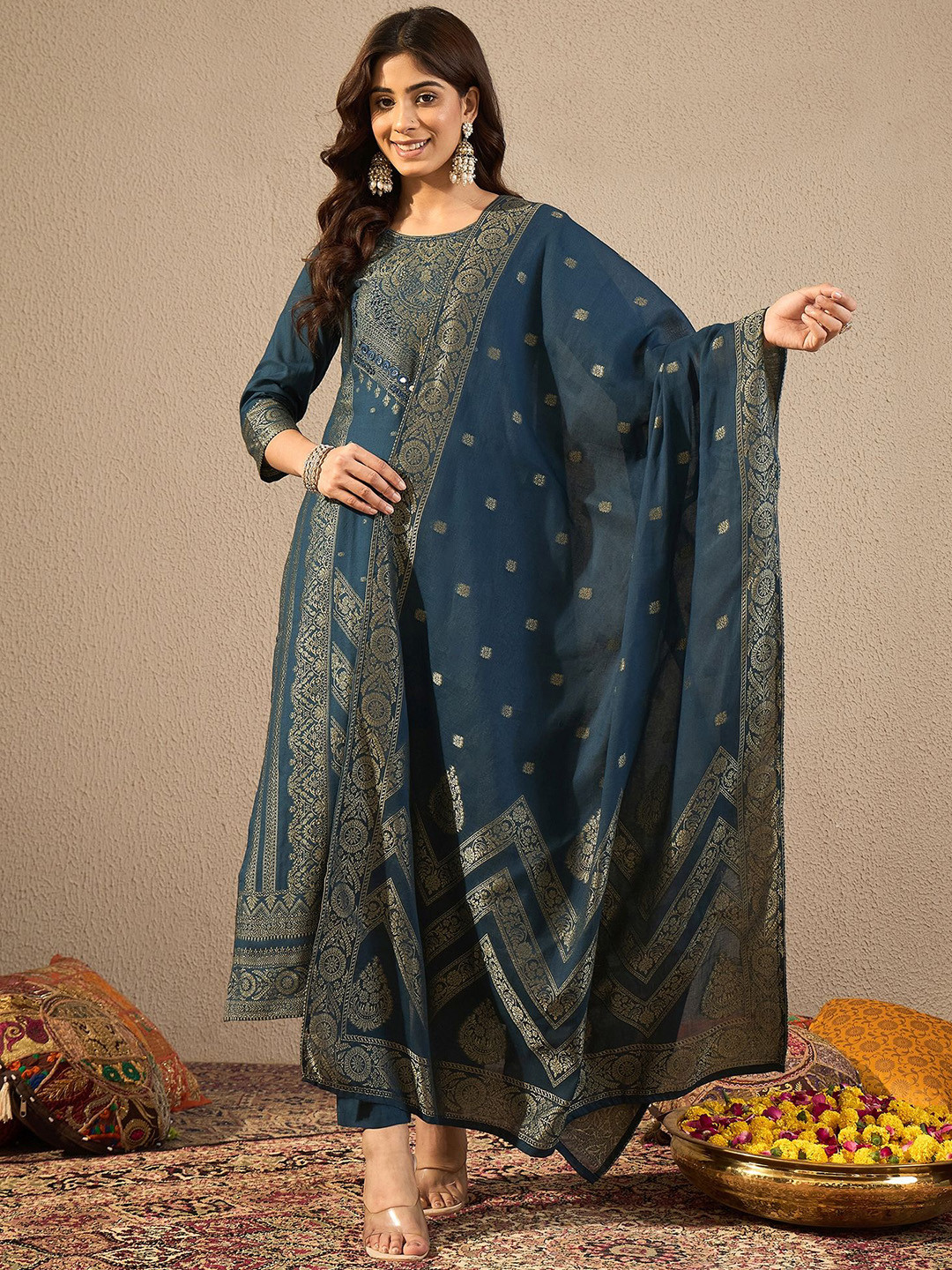 Inddus Women Cotton Jacquard Hand Embroidered Kurta Set with Dupatta