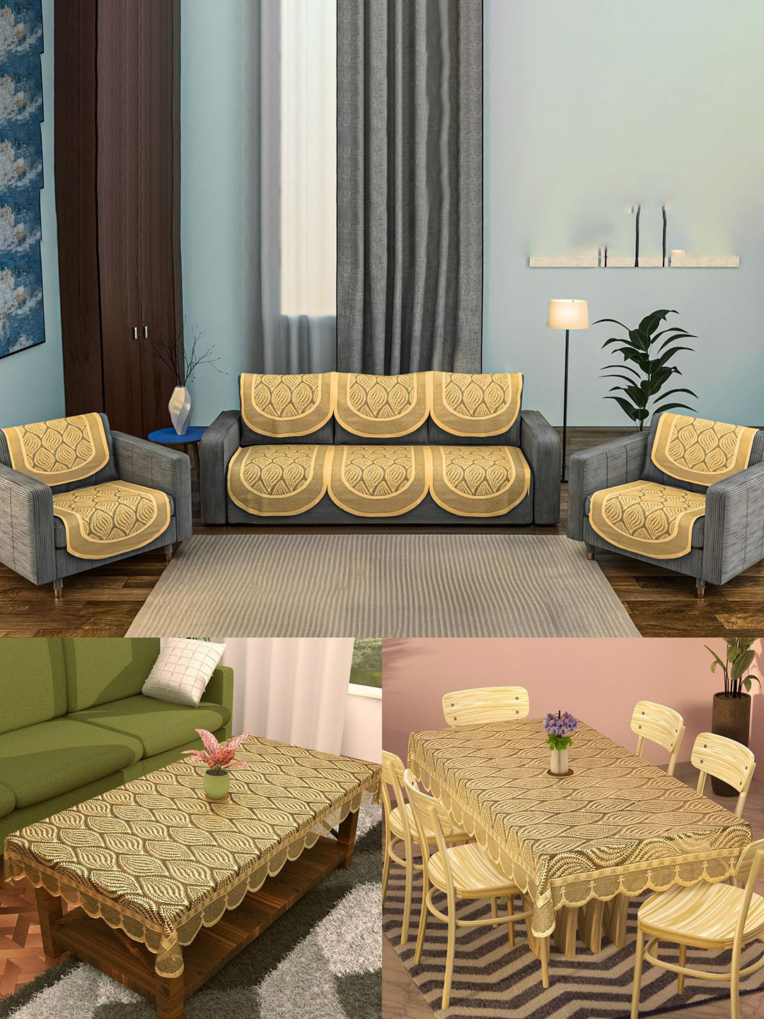 Kuber Industries Gold-Toned 12 Pieces Self Design Cotton Sofa Covers & Dining Table Cover