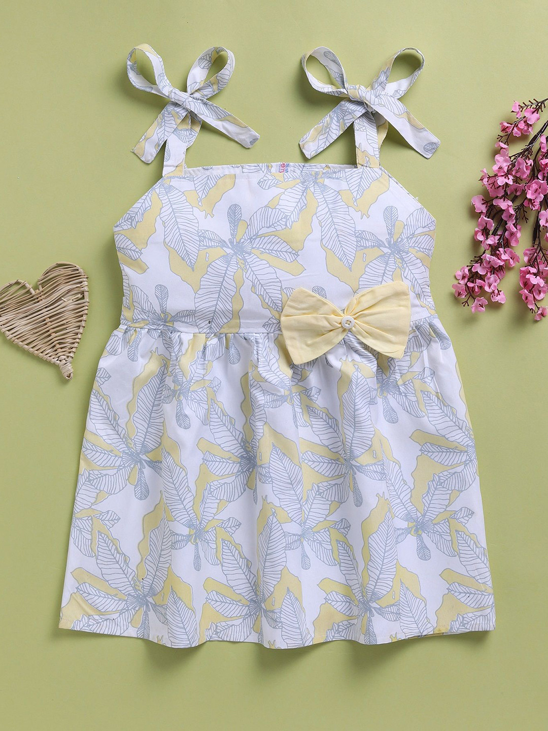 Blushh Berry Tropical Printed Bow Shoulder Straps Fit & Flare Cotton Dress