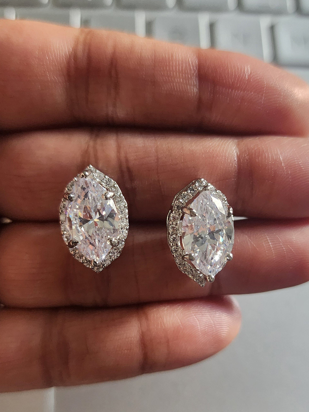 Tara Silver Jewels 925 Sterling Silver 2 In 1 Rhodium-Plated CZ Studded Oval Studs