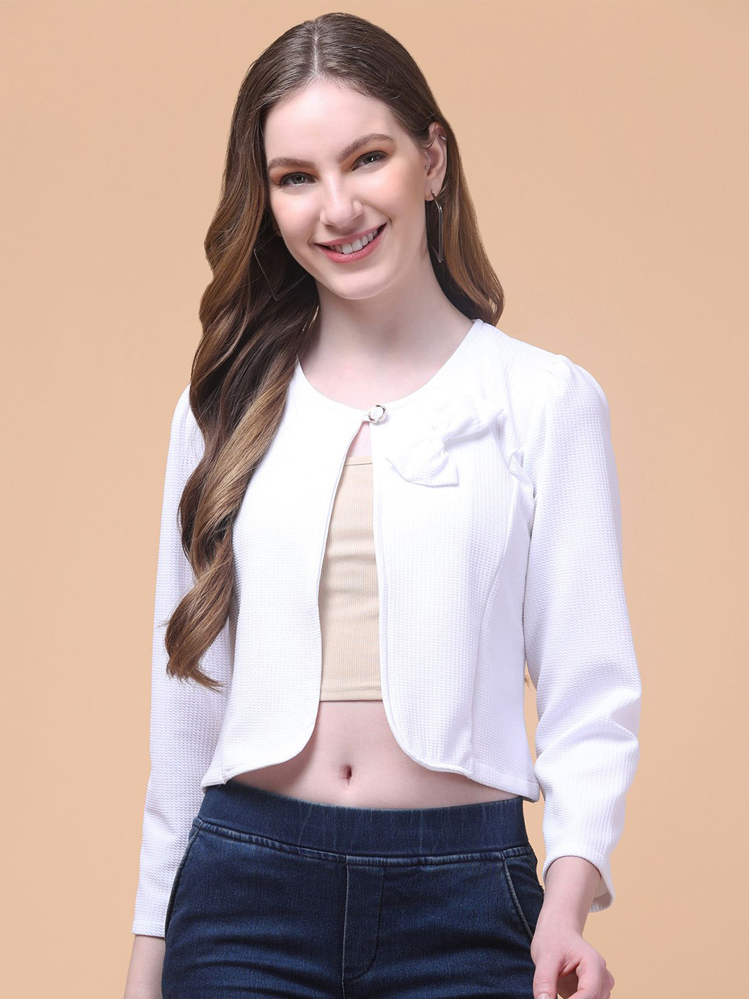 Charitra Women Solid Bow Round Neck Shirt Style Crop Top