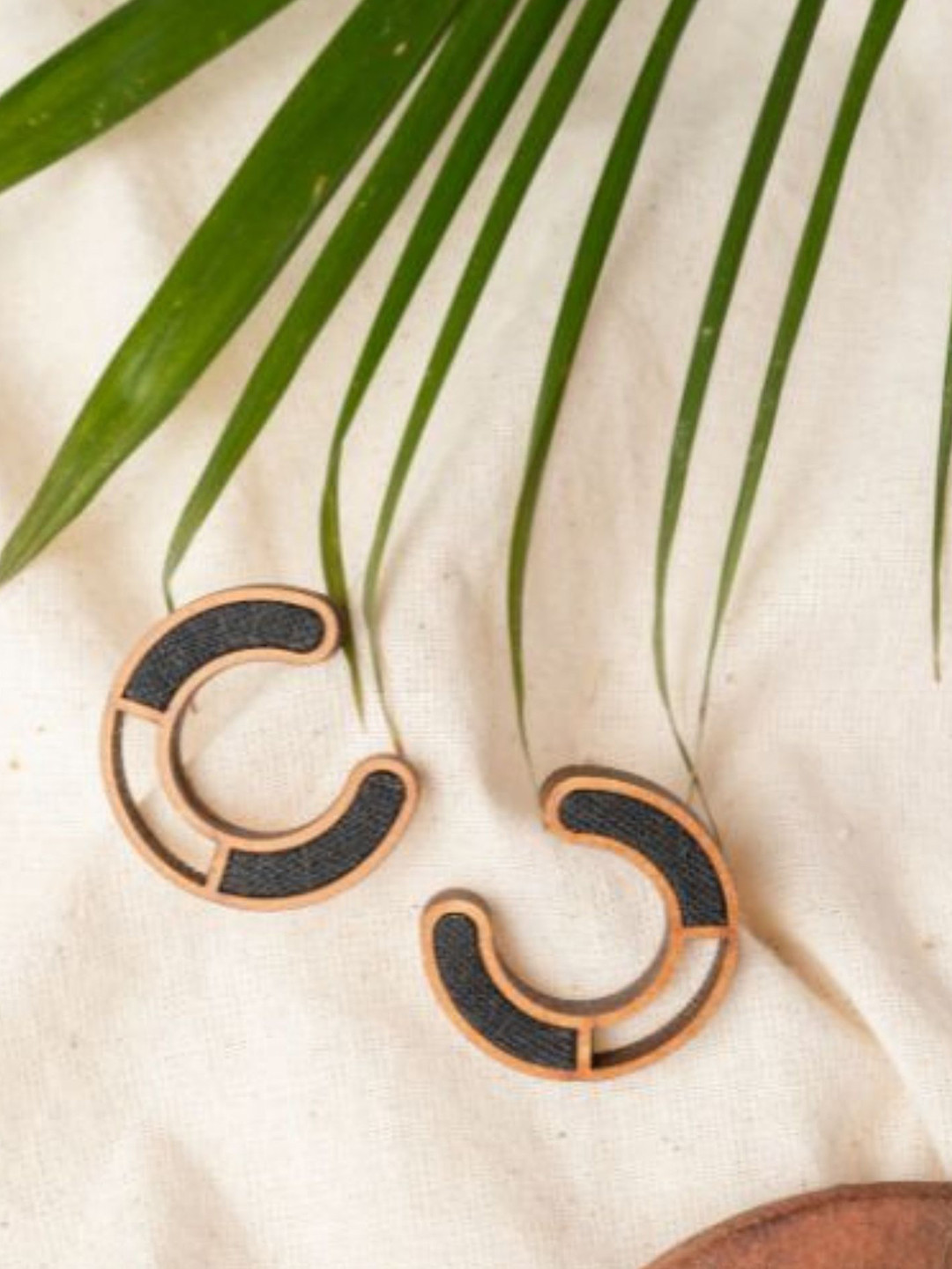 WHE Upcycled Fabric And Repurposed Wood Crescent Shape Half-Hoop Earrings