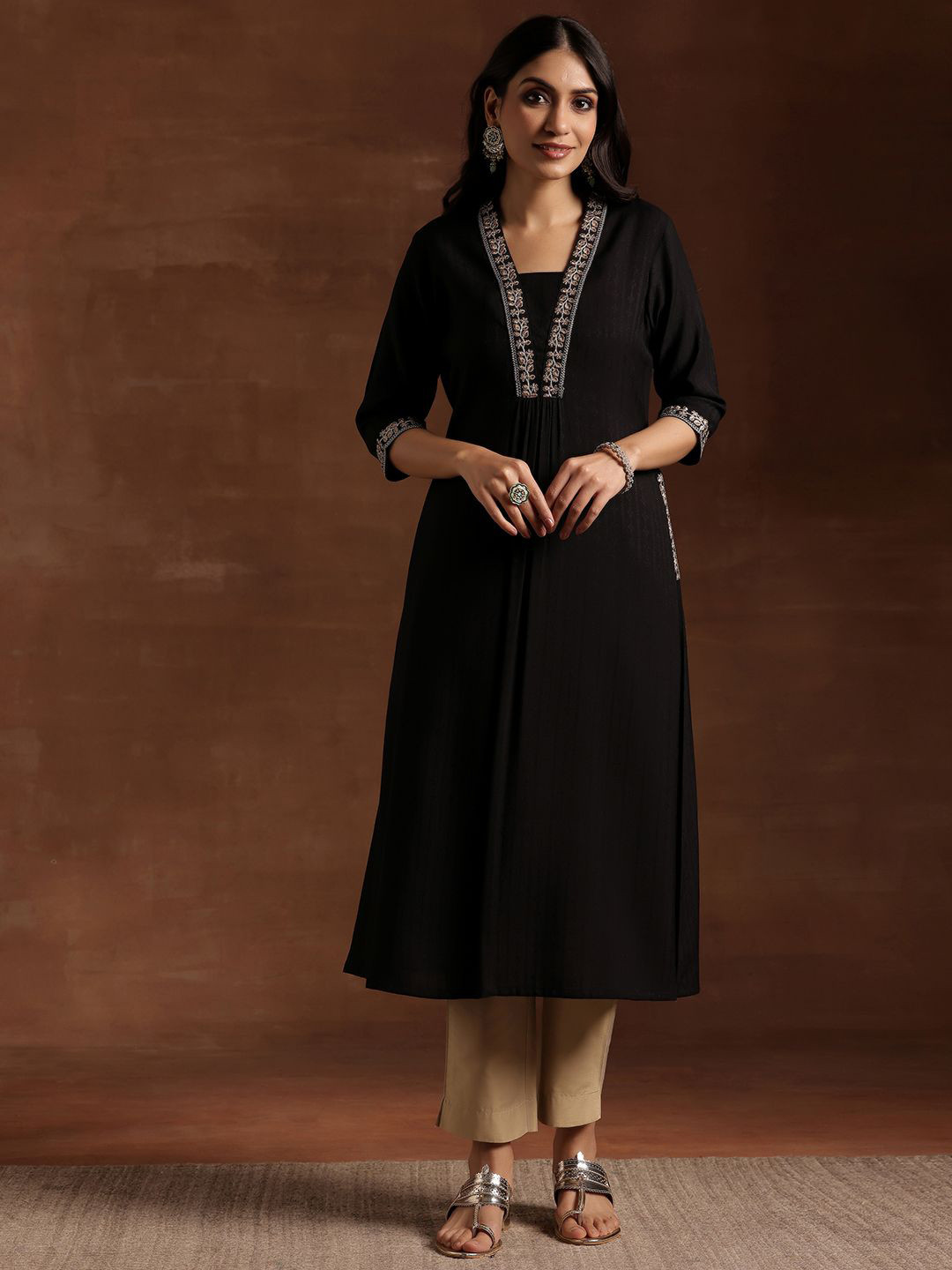 Libas Floral Woven Design Pleated Square Neck Zari A-Line Kurta